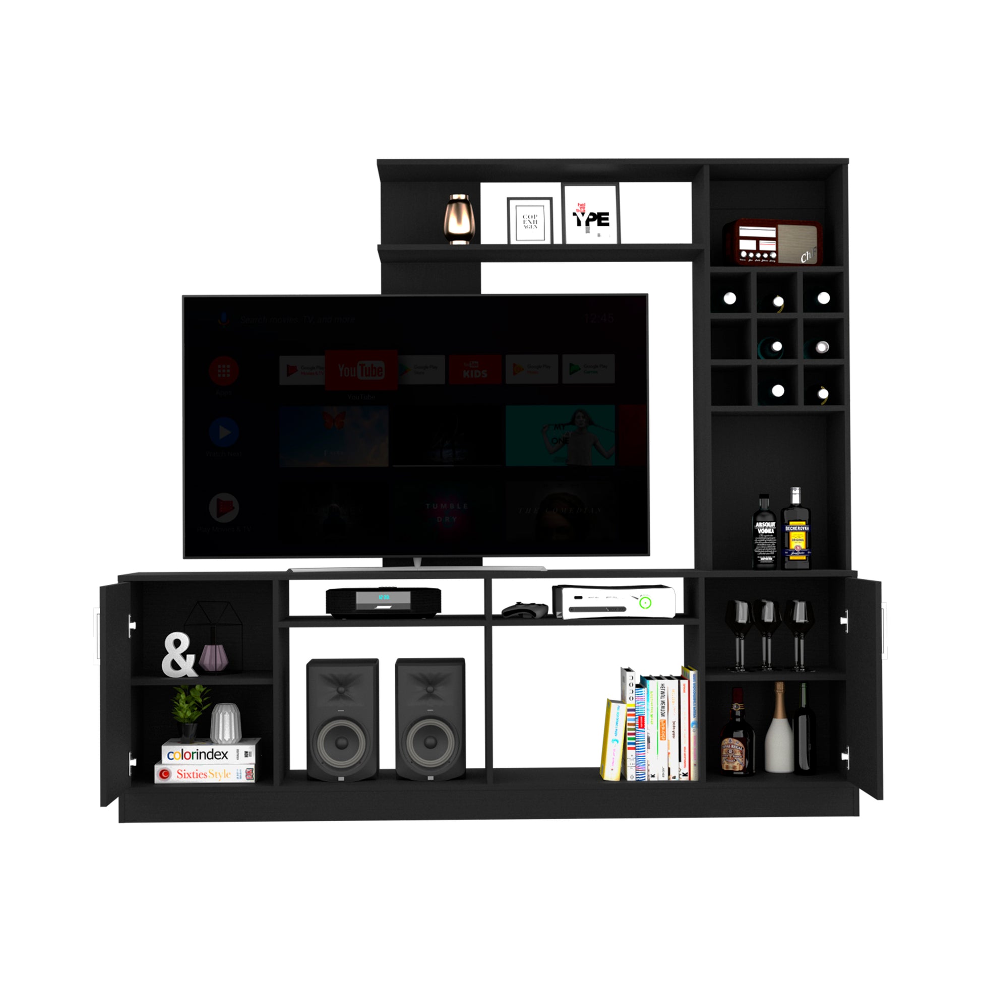 Entertainment Center For Tv S Up 78", Double Door Cabinet, Storage Spaces, Six External Shelves, Black Black 60 69 Inches Solid Wood Mdf Engineered Wood