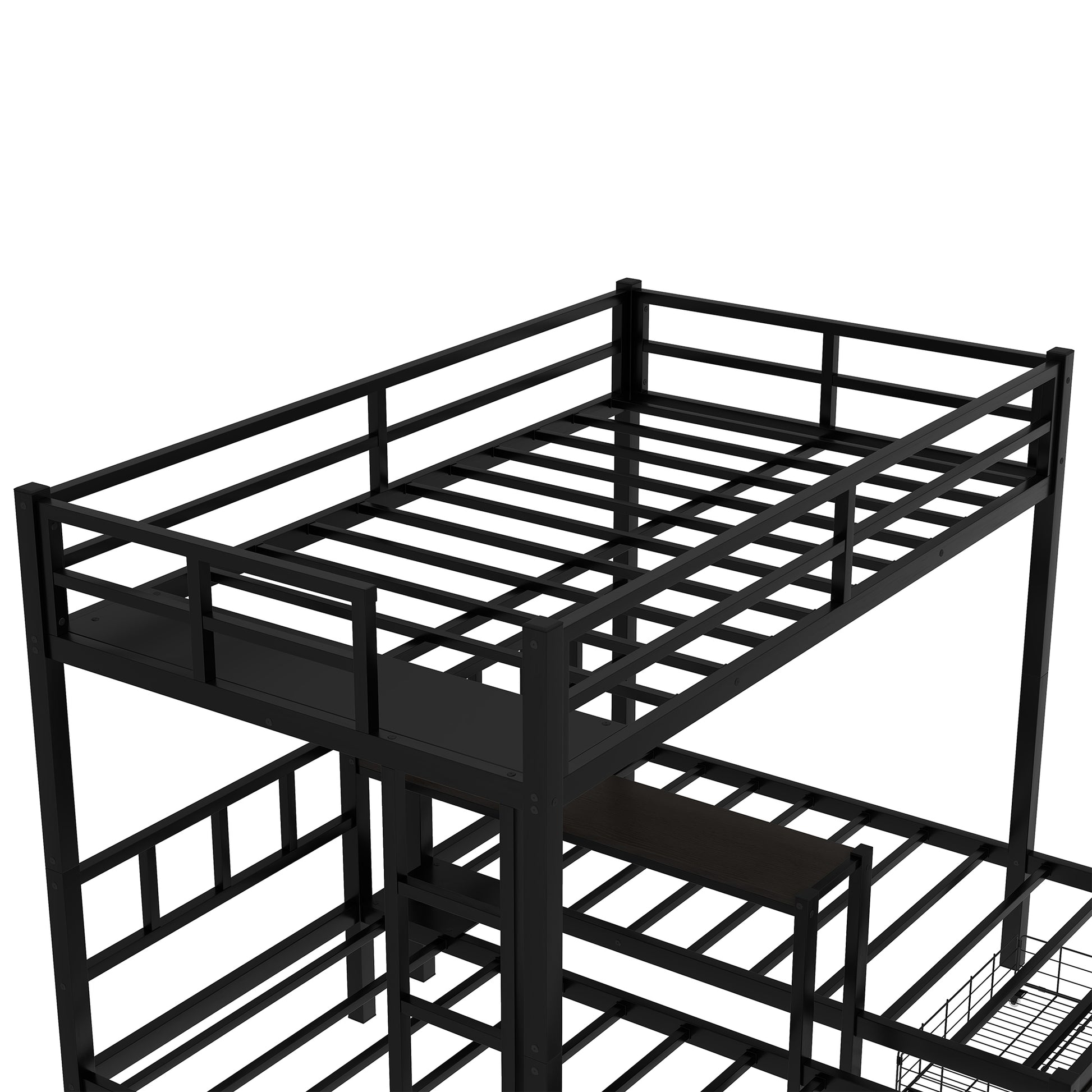 Full Xl Over Twin & Twin Triple Bunk Bed With Drawers, Multi Functional Metal Frame Bed With Desks And Shelves In The Middle, Black Full Xl Black Metal