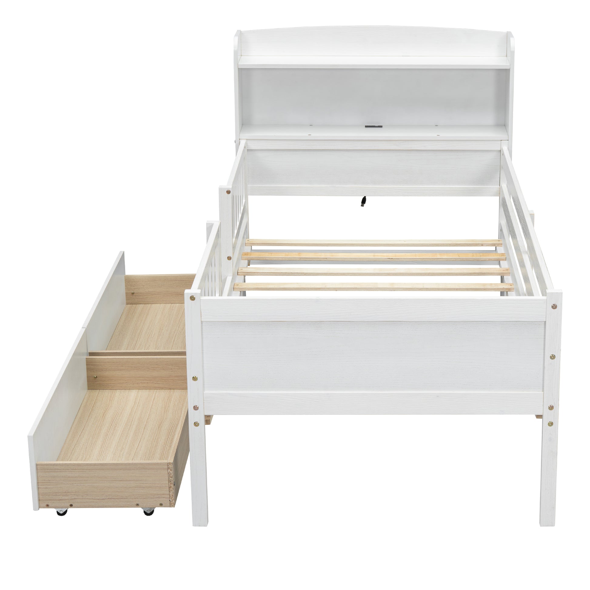 Wood Twin Size Platform Bed With Built In Led Light, Multi Functional Headboard, Guardrail And 2 Drawers, White Expected Arrival Time: 3.15 Box Spring Not Required Twin White Wood Bedroom Bed Frame