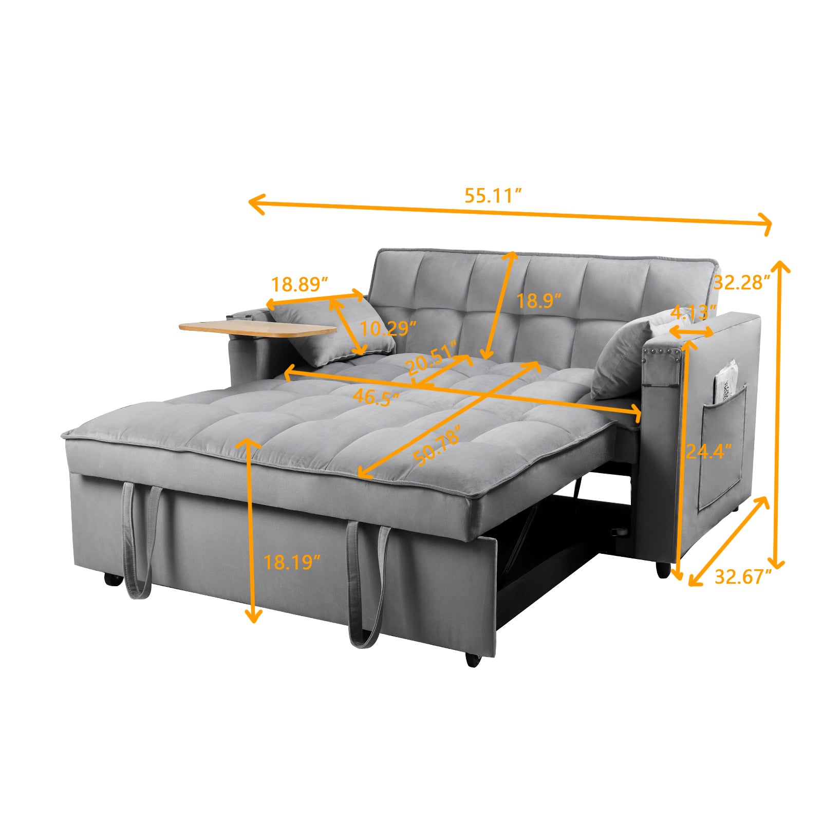 Convertible Sofa Bed In 3 Lengths, Modern Velvet Pull Out Bed, Adjustable Back And With Usb Port And Hidden Laptop Desk Table For Living Room, Small Space,Grey Grey Velvet 2 Seat