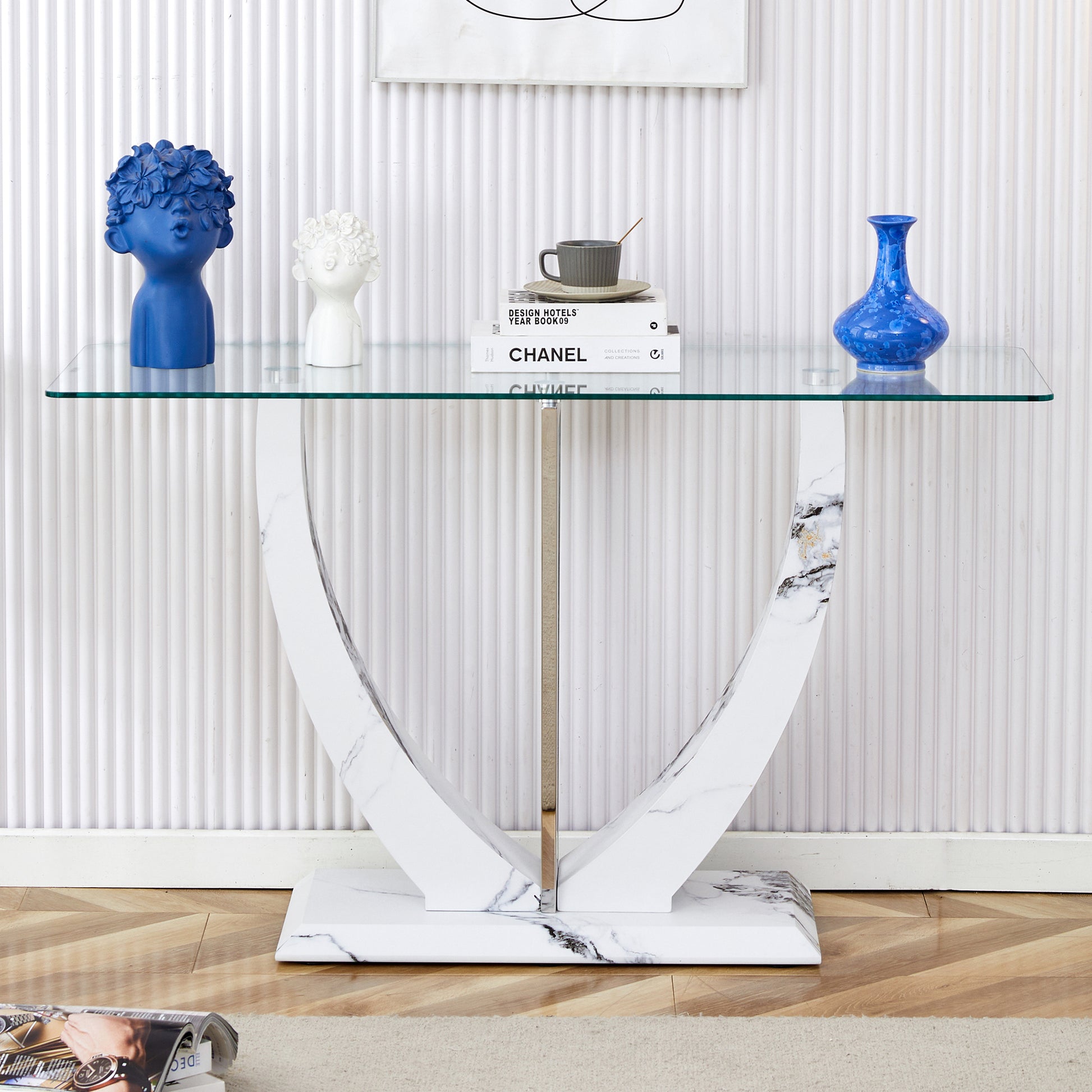 Modern Minimalist Rectangular Glass Table With 0.39 "Tempered Glass Top And Mdf White Patterned Sticker Legs For Entrance And Living Room. Transparent Glass