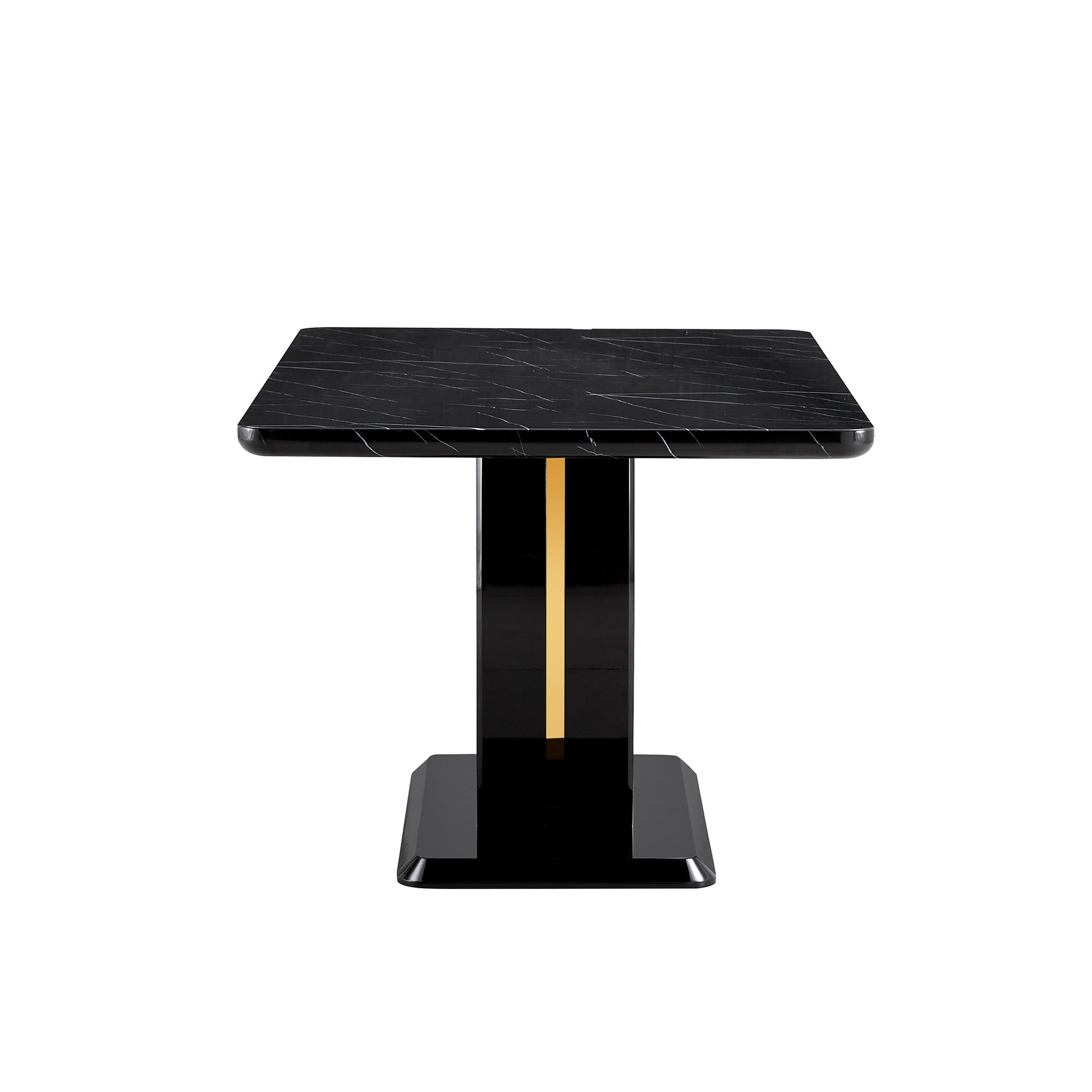 Table And Chair Set.63"W X 37"D X 30"H Black Marble Mdf Diningtable Set With 6 White Pu Chairs With Gold Metal Legs.Bring A Comfortable Home Experience To The Kitchen, Bedroom, And Office. White