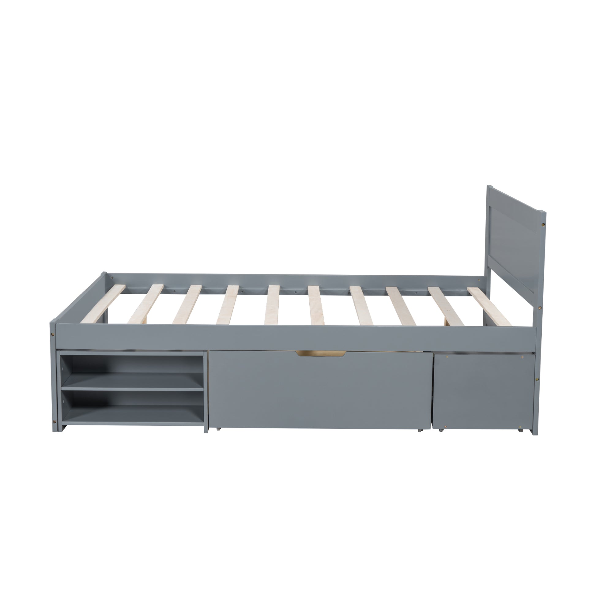 Full Size Platform Bed With Drawer And Two Shelves, Gray Full Gray Mdf Lvl