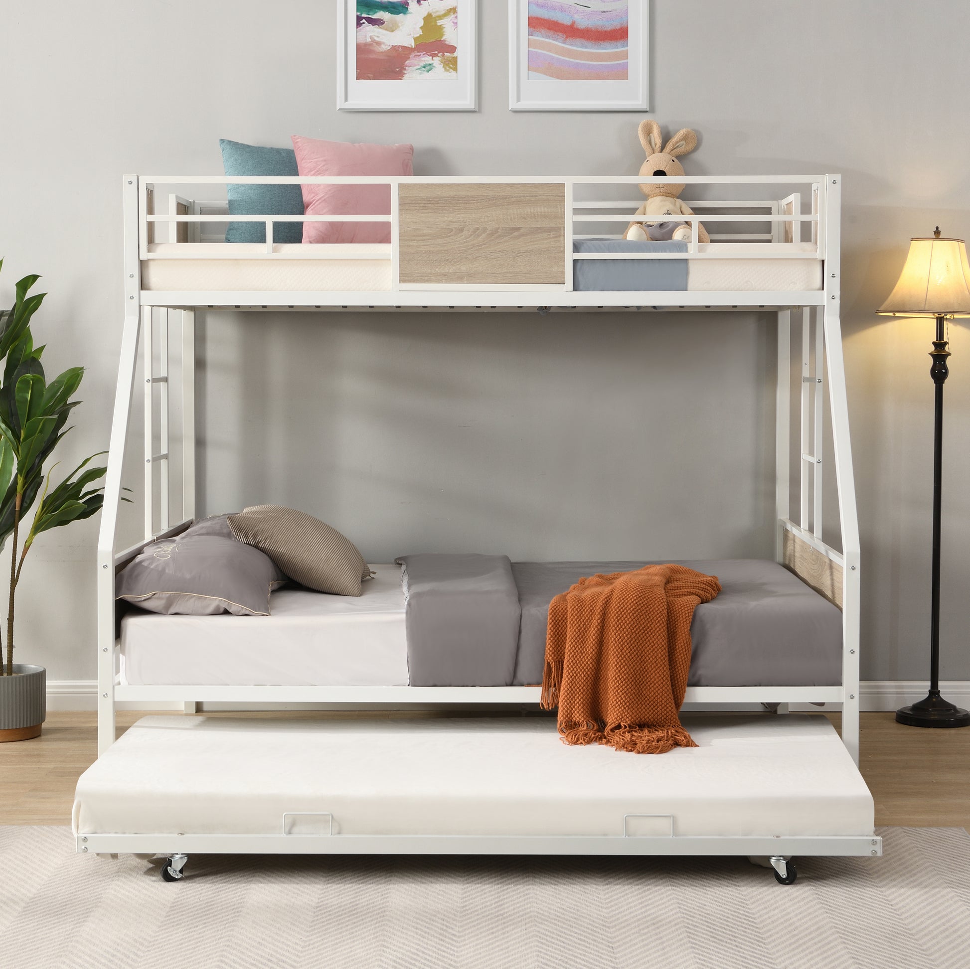 Twin Over Full Metal Bunk Bed With Trundle 2 Side Ladder And Full Length Guardrail, No Box Spring Needed, Large Under Bed Storage, Easy Assemble Full Brown White Mdf Metal