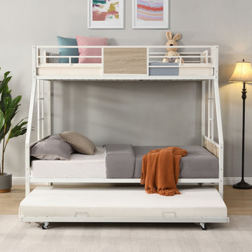 Twin Over Full Metal Bunk Bed With Trundle 2 Side Ladder And Full Length Guardrail, No Box Spring Needed, Large Under Bed Storage, Easy Assemble Full Brown White Mdf Metal