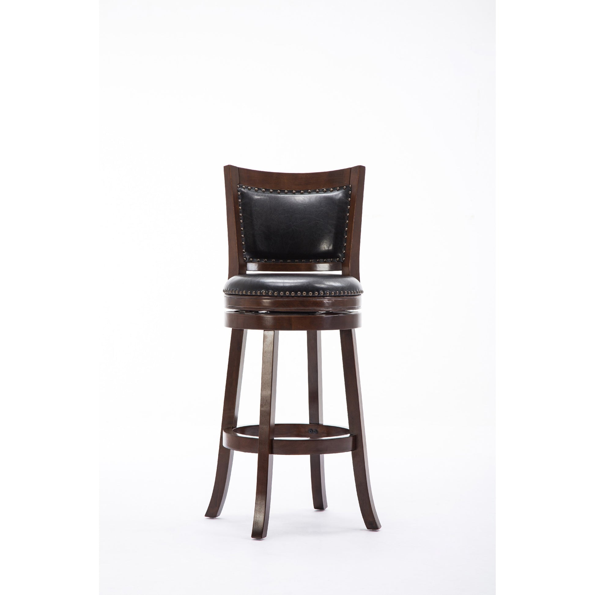 Sabi 29 Inch Swivel Counter Stool, Solid Wood, Faux Leather, Brown, Black Brown Black Wood Fabric