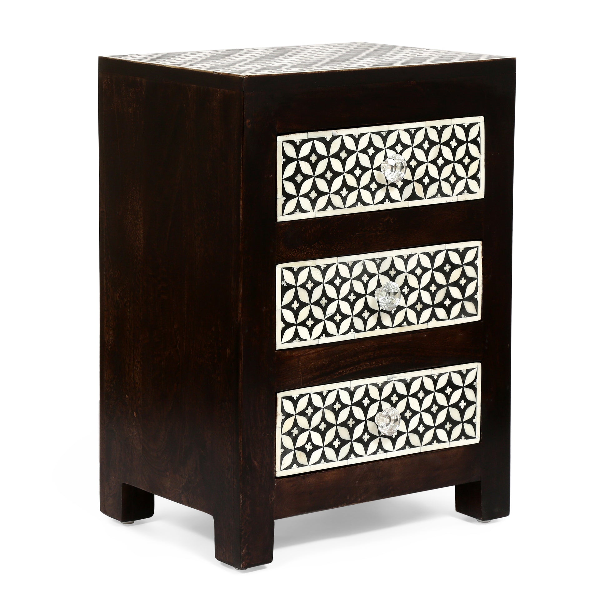 Wooden 3 Drawer Bone Fitted Nightstand Black Dark Walnut Wood