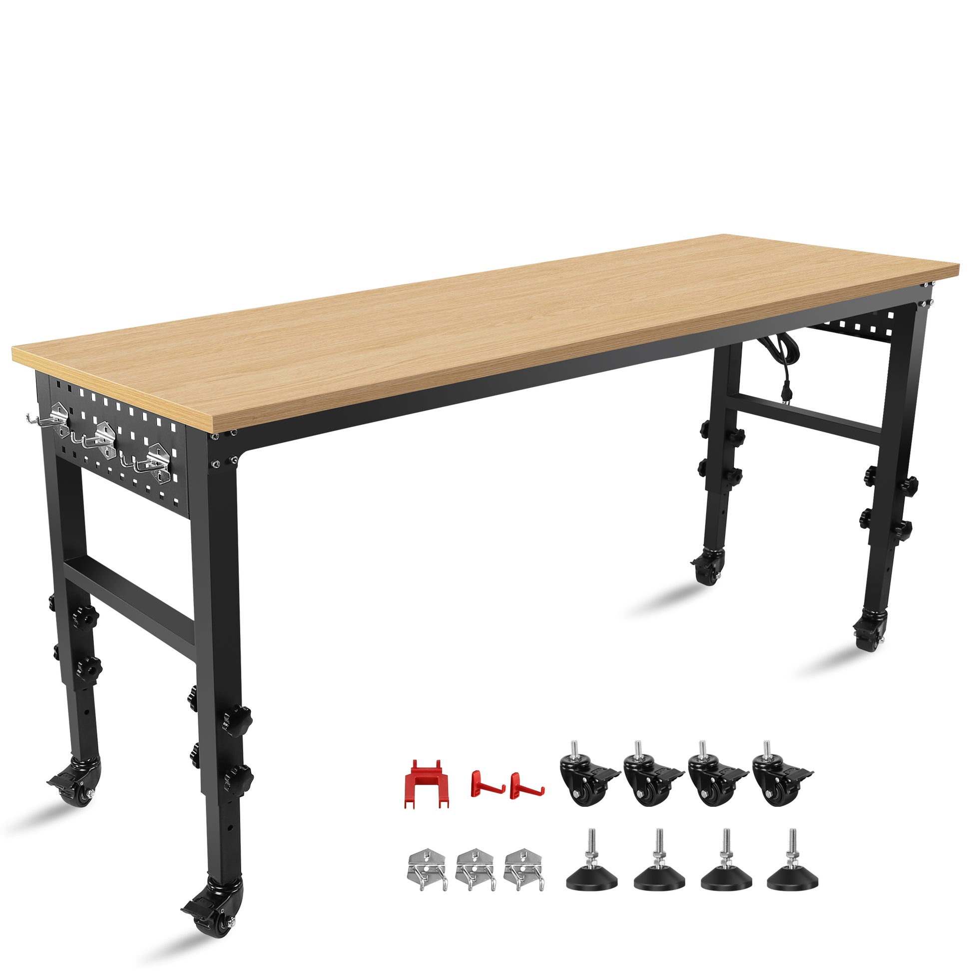 72" 24'' Adjustable Workbench, Rolling Heavy Duty Worktable With Power Outlet And Wheels, Large Load Capacity Rubber Wood Top Workbench For Garage, Office, Workshop, Home, Easy Assembly Black Steel