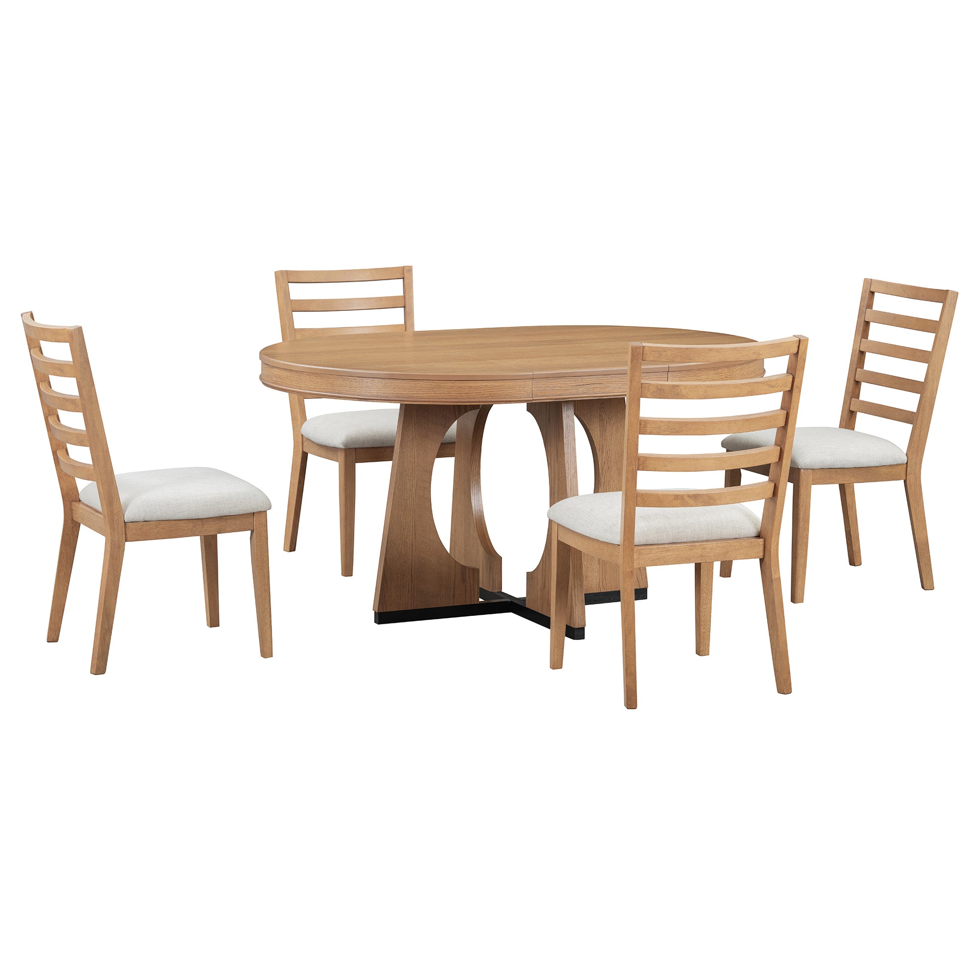 5 Piece Retro Rustic Functional Dining Set Unique Geometric Design, 1 Extendable Table With A 16 Inch Leaf And 4 Upholstered Chairs Ideal For Dining Room And Kitchen Natural Natural Solid Wood Mdf