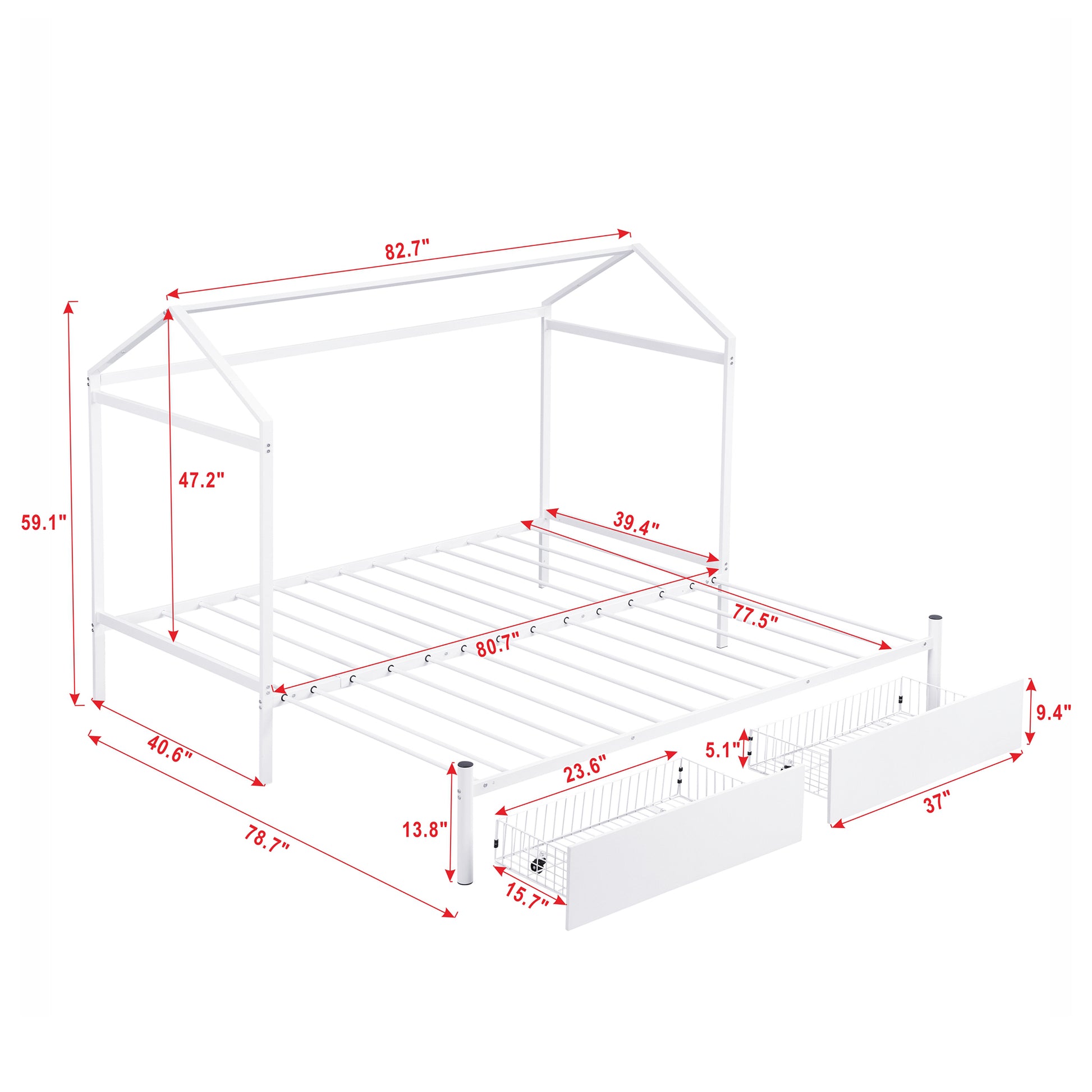 Twin Xl To King Metal Twin Size House Platform Bed With 2 Drawers, White Box Spring Not Required Twin Xl White Metal Bed Frame Metal