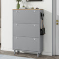 Narrow Design Shoe Cabinet With 3 Flip Drawers, Wood Grain Pattern Top Entryway Organizer With 3 Hooks, Free Standing Shoe Rack With Adjustable Panel For Hallway, Grey Freestanding 3 4 Drawers Grey Primary Living Space Shelves Included Particle Board