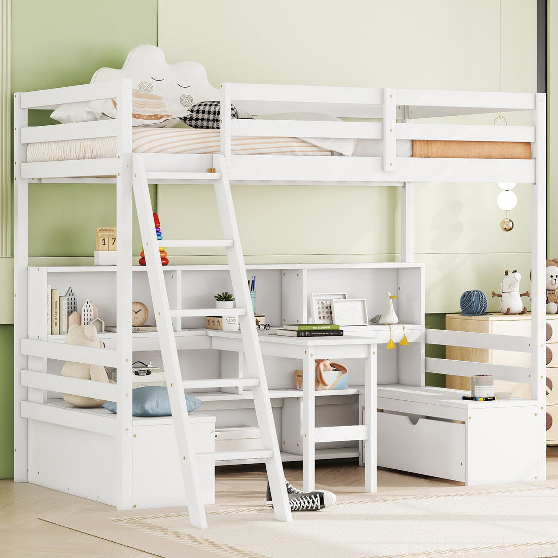 Twin Loft Bed With Storage Shelves, Drawers, Seat And Desk For White Color Box Spring Not Required Twin White Wood Bedroom Modern Storage Included Pine