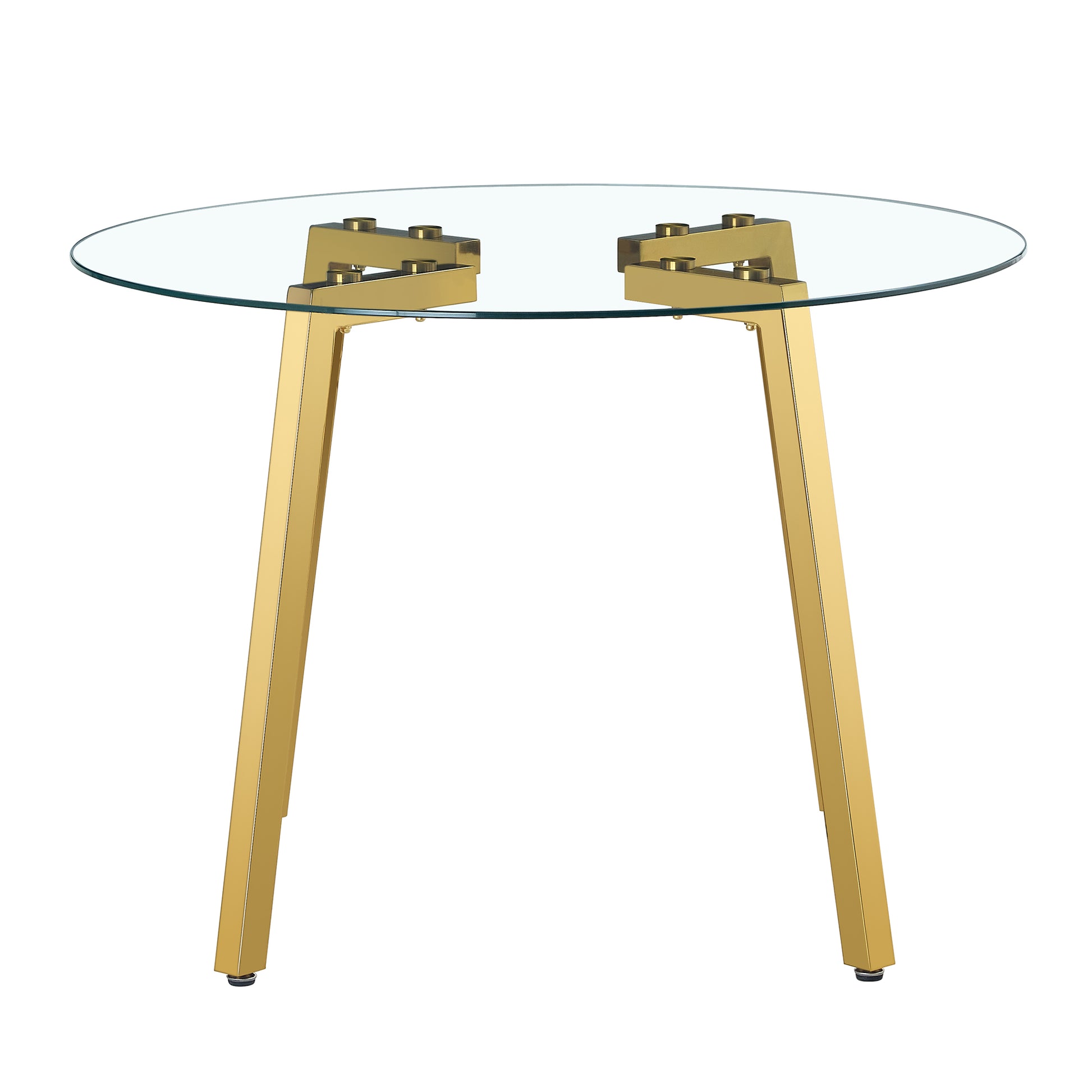 Table And Chair Set.A Modern Minimalist Style Round Clear Tempered Glass Table With Metal Legs.Paried With Dark Gray Chairs With Modern Pu Leather High Back Upholstered And C Tube Golden Legs. Transparent Seats 6 Glass