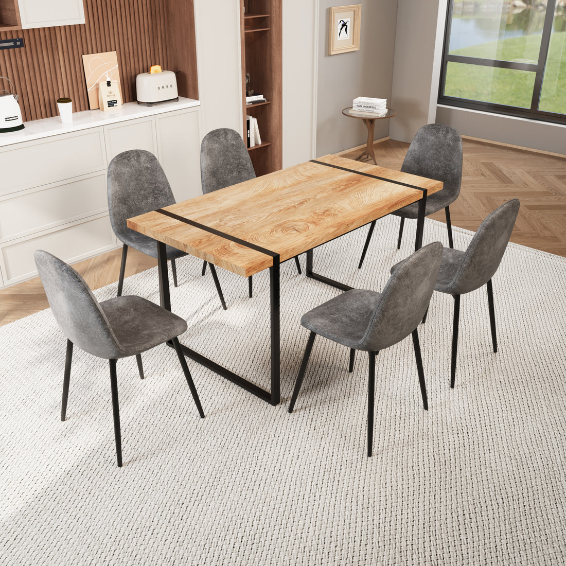 Mdf Natural Wood Dining Table And Modern Dining Chair Set Of 8 Pieces, Medieval Wooden Kitchen Dining Table Set, Black Metal Base, Dining Table And Suede Chair Set Buy 6 Chairs And Get 2 Free Grey