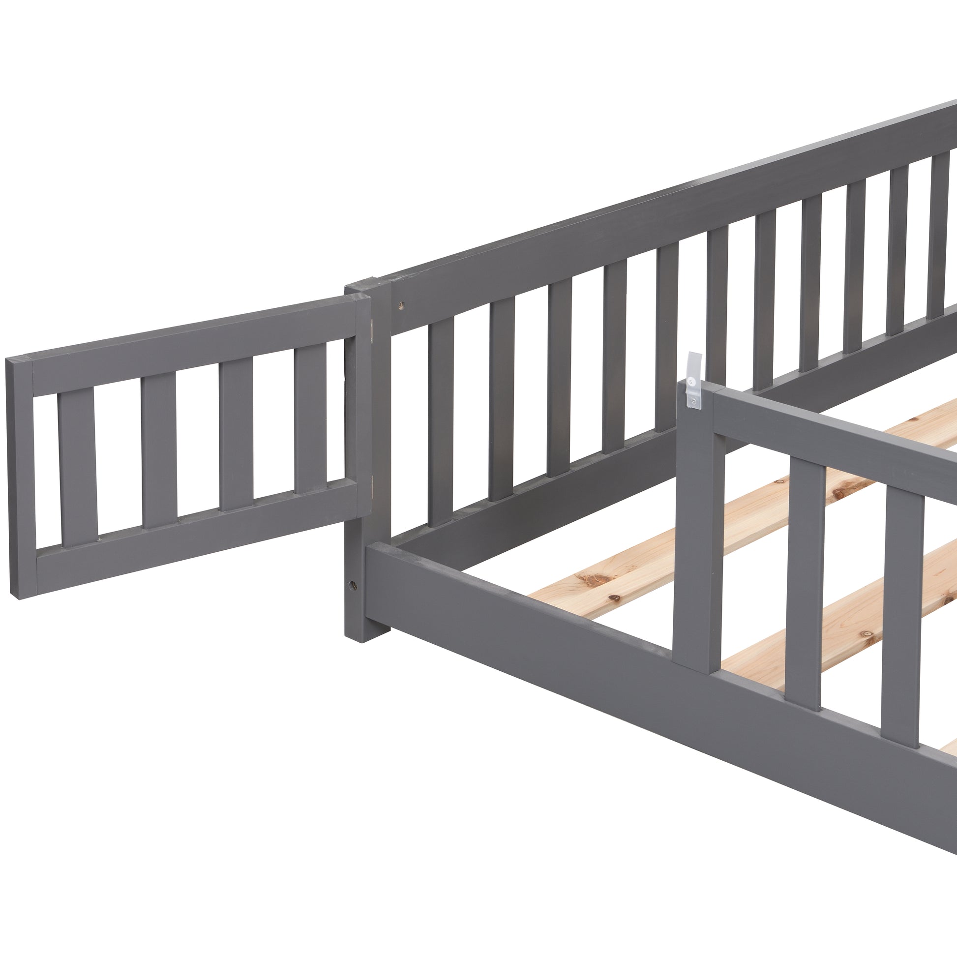 Queen Size Floor Bed With Door,Solid Wood Platform Bed Frame With Fence,Suitable For Children,Pine Wood,Gray Gray Wood