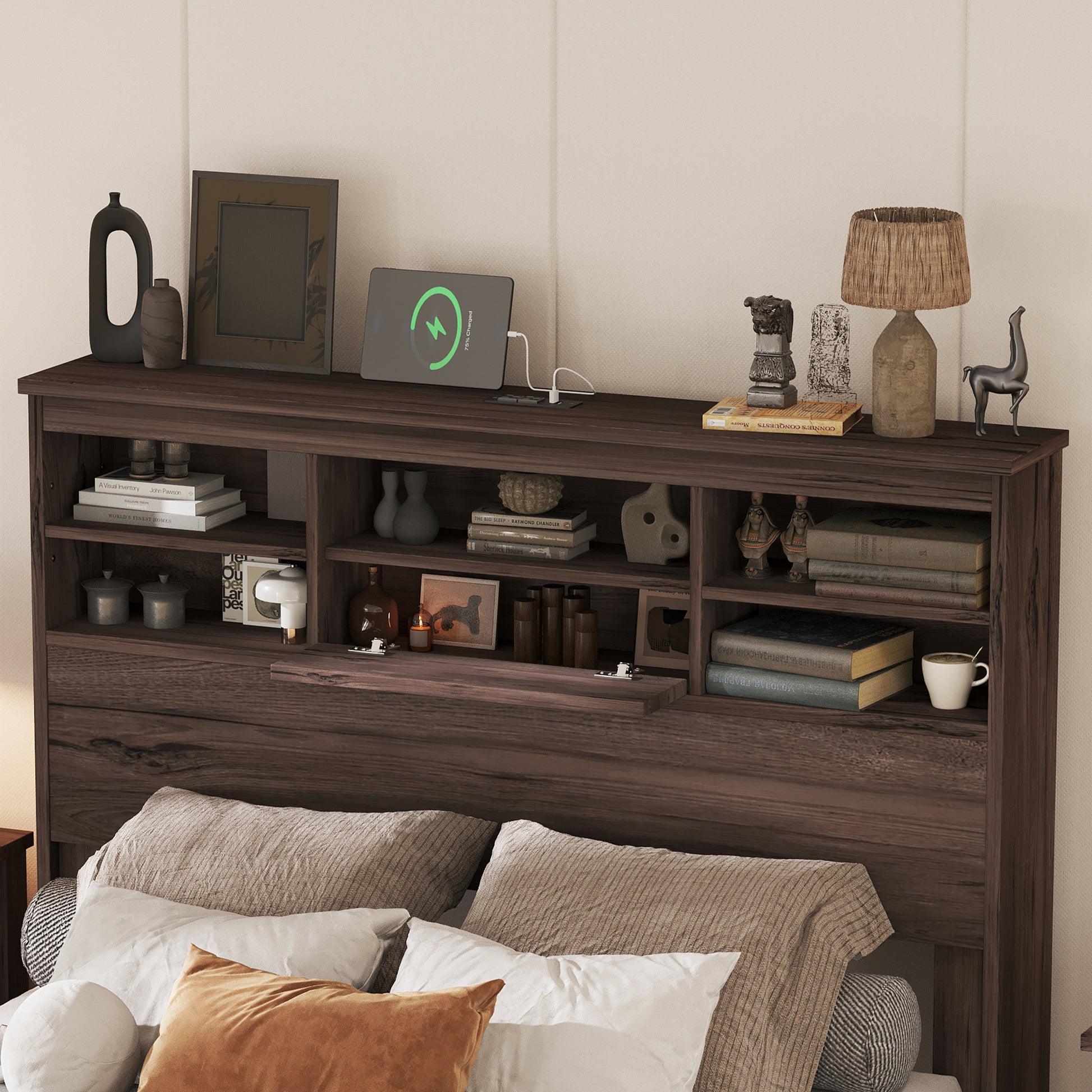 Queen Size Wooden Platform Bed With Storage Headboard,American Country Style Bed With Usb Charging Ports,Dark Walnut Queen Walnut American Traditional Mdf