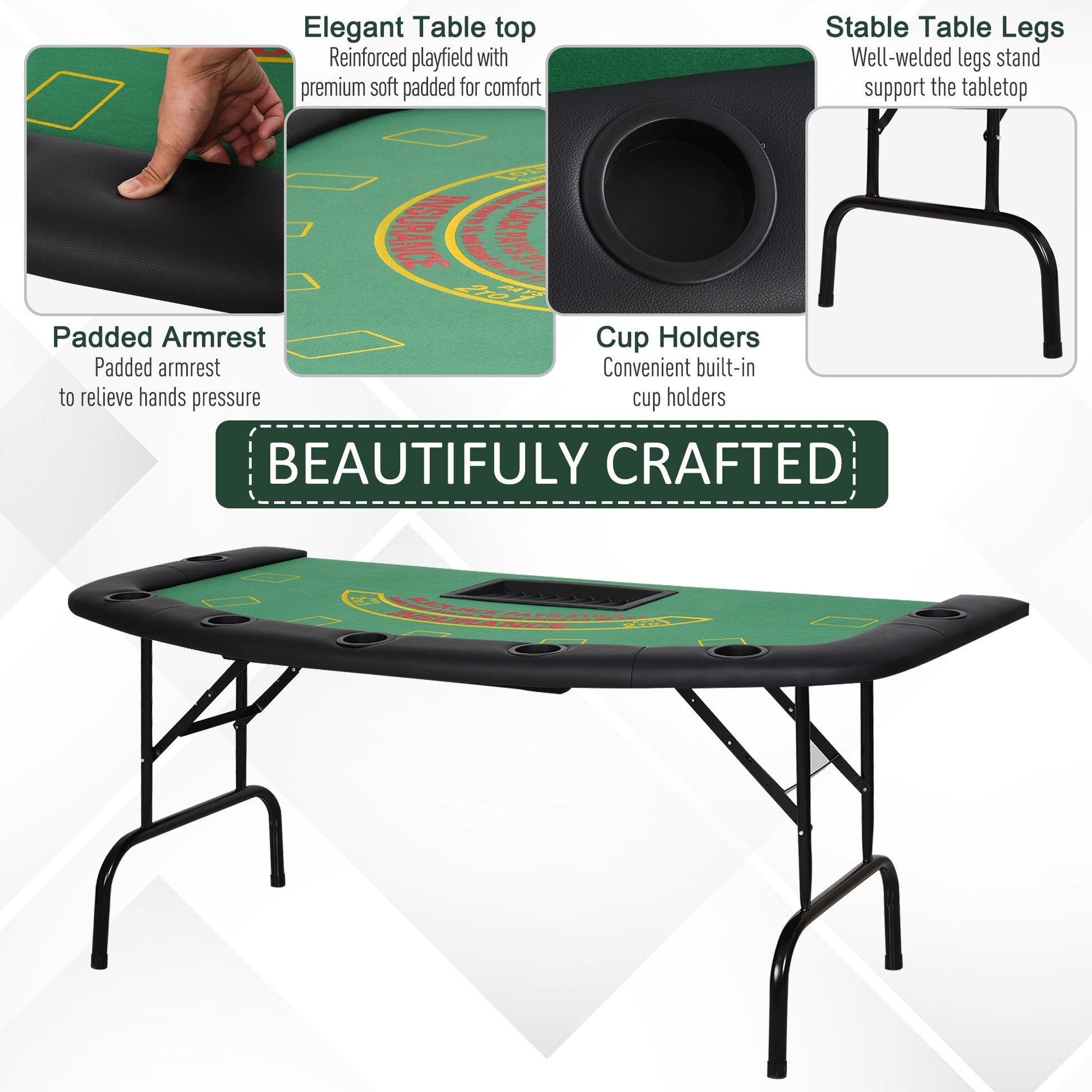 Soozier Poker Table Foldable, 72" Blackjack Table For 7 Players With Chip & Cup Holder, Green Felt Green Mdf Steel