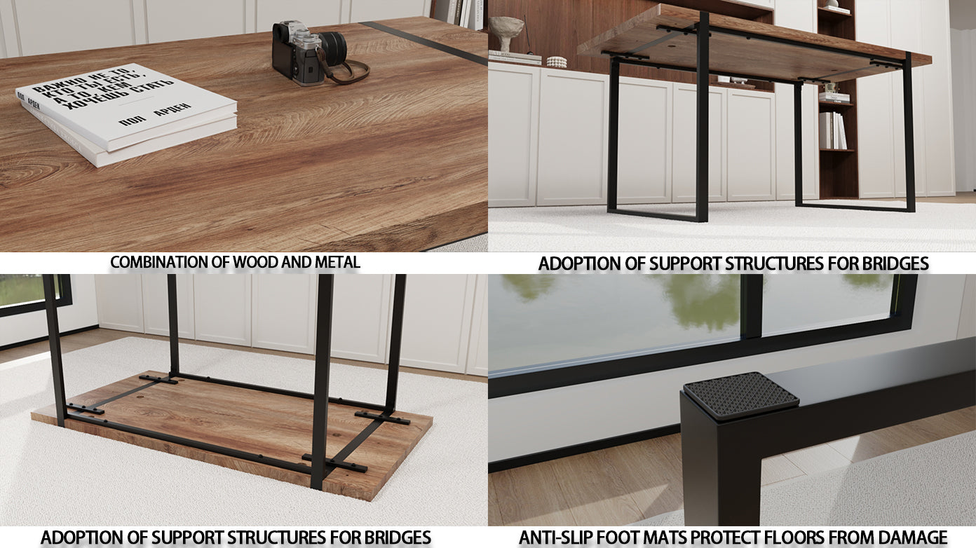 59 "Rural Industrial Rectangular Mdf Natural Wood Dining Table, 4 6 People, 1.5" Thick Engineering Wood Tabletop And Black Rectangular Metal Legs, Used For Writing Desks, Kitchens, Terraces Wood Mdf