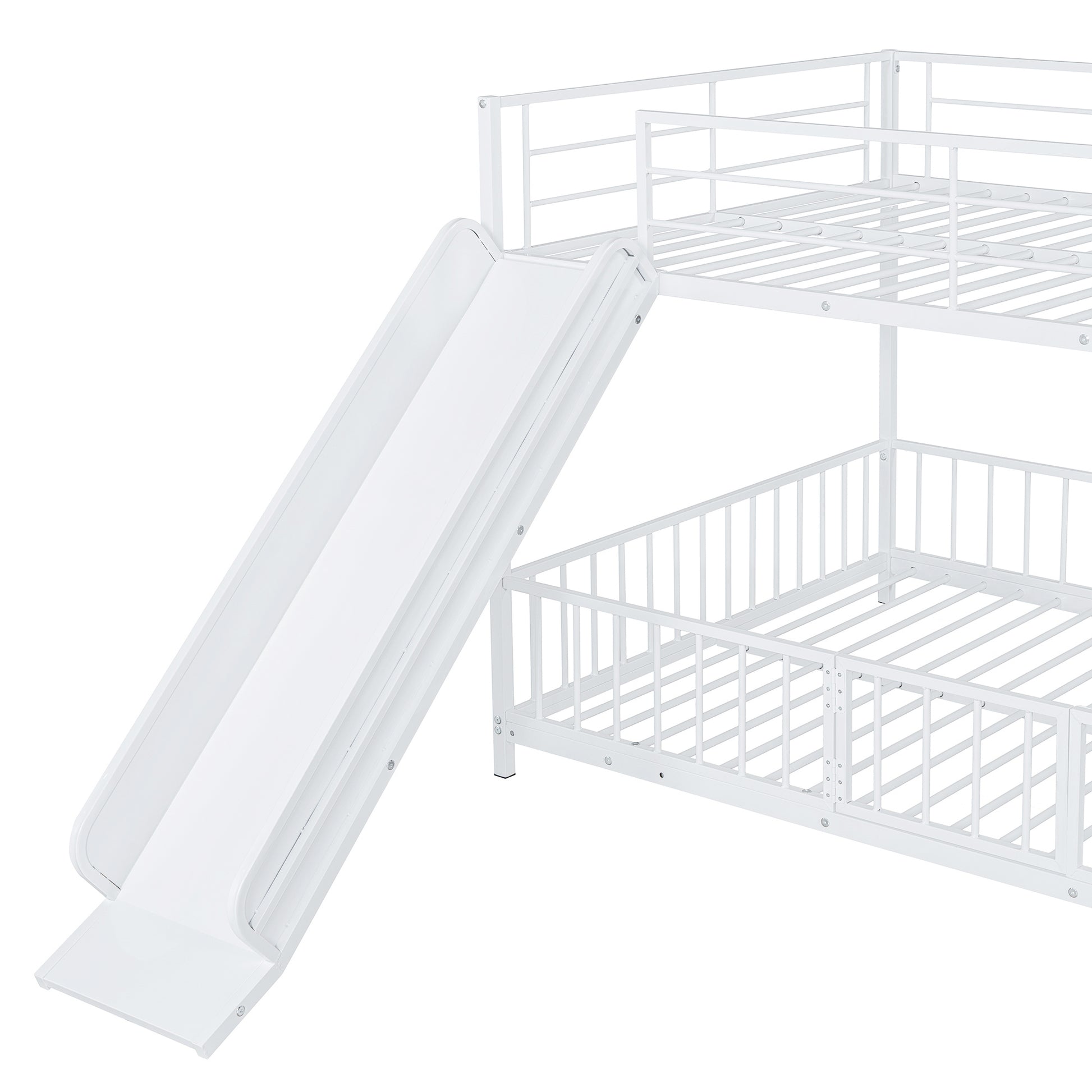 Full Over Full Size Metal Bunk Bed With Slide And Guardrails, White Full White Metal