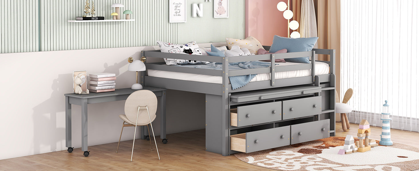 Full Size Loft Bed With Retractable Writing Desk And 4 Drawers, Wooden Loft Bed With Lateral Portable Desk And Shelves, Gray Full Gray Solid Wood Mdf