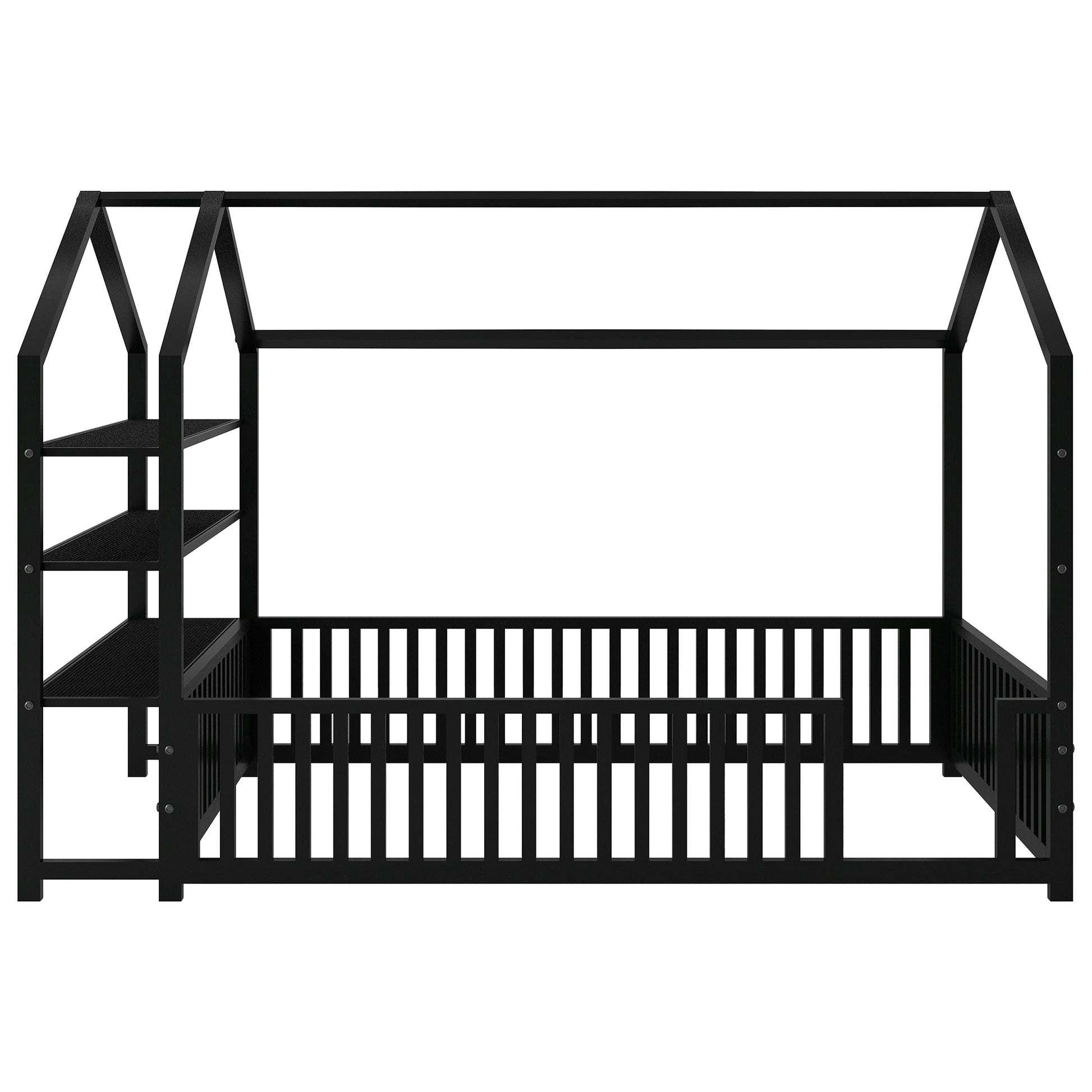 Full Size Metal House Bed With Fence And Detachable Storage Shelves, Black Full Black Metal