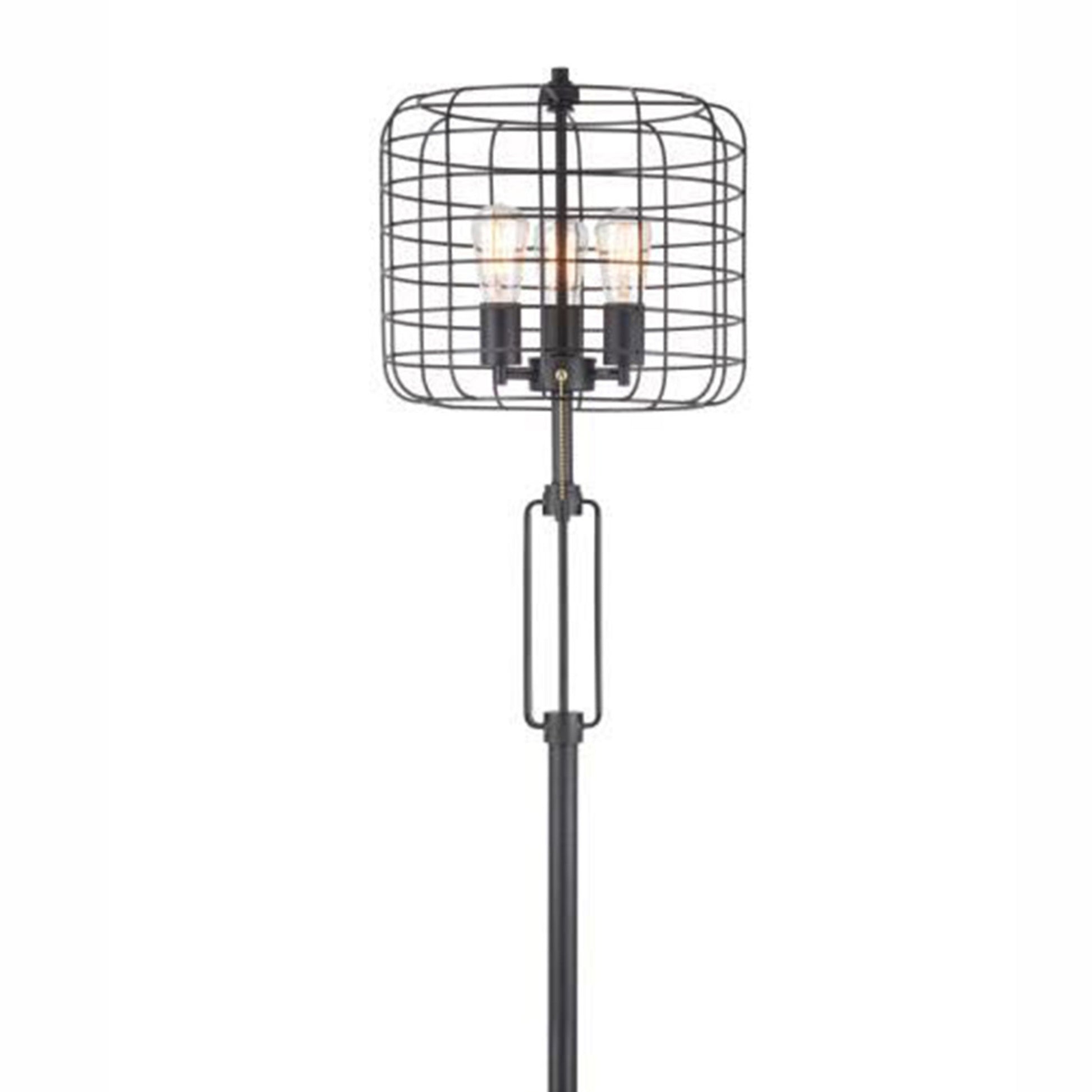 63" Tall "Edison" 3 Light Floor Lamp, Industrial Cage Design, Powder Coated Black Metal