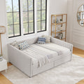 Queen Size Daybed With Two Drawers Trundle Upholstered Sofa Bed, With Vertical Stripes, Linen Fabric, Beige 86.5