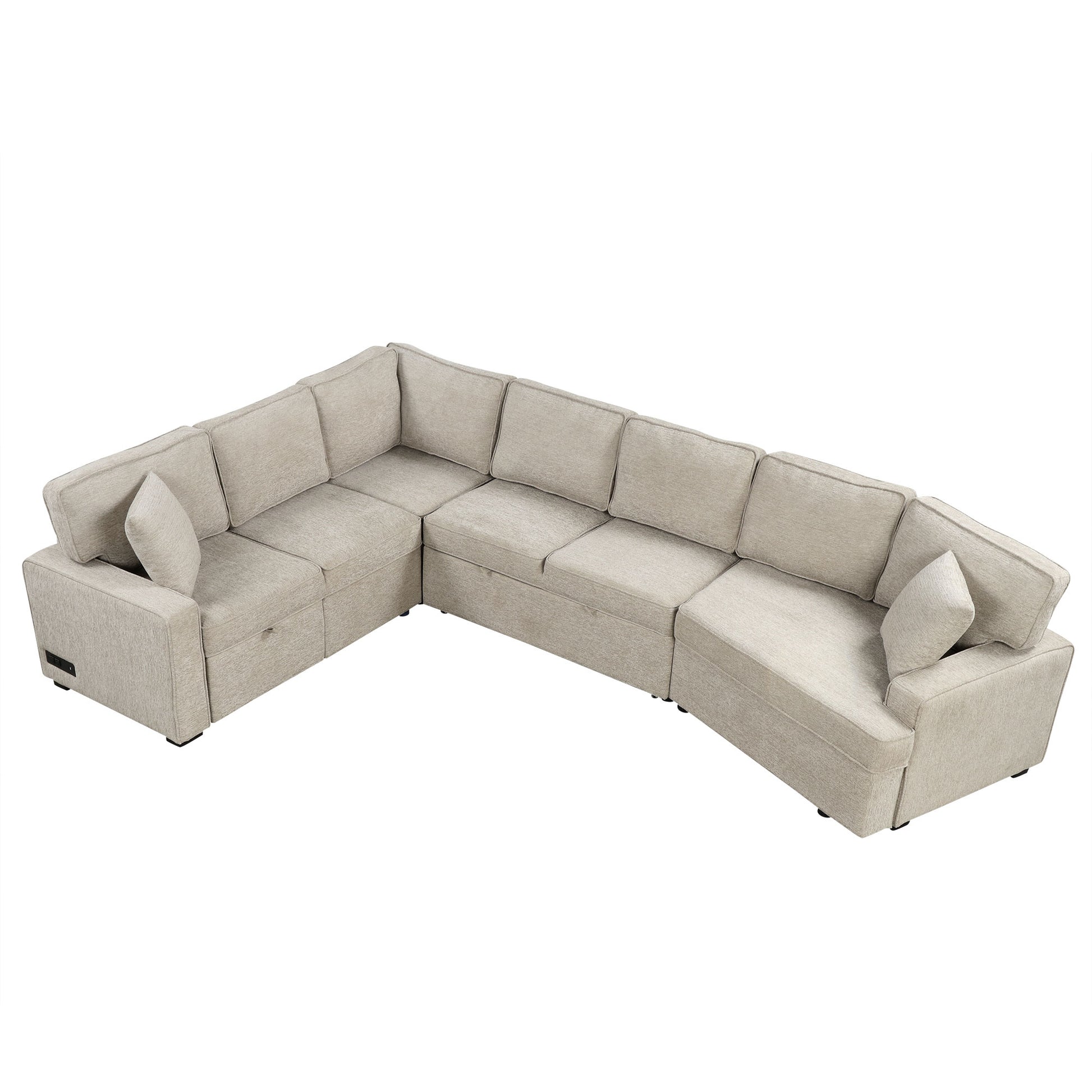 126" L Shaped Sofa Sectional Sofa Couch Pull Out Sofa Bed With Charging Devices And Cup Holders For Living Room, Beige Beige Foam Chenille 6 Seat