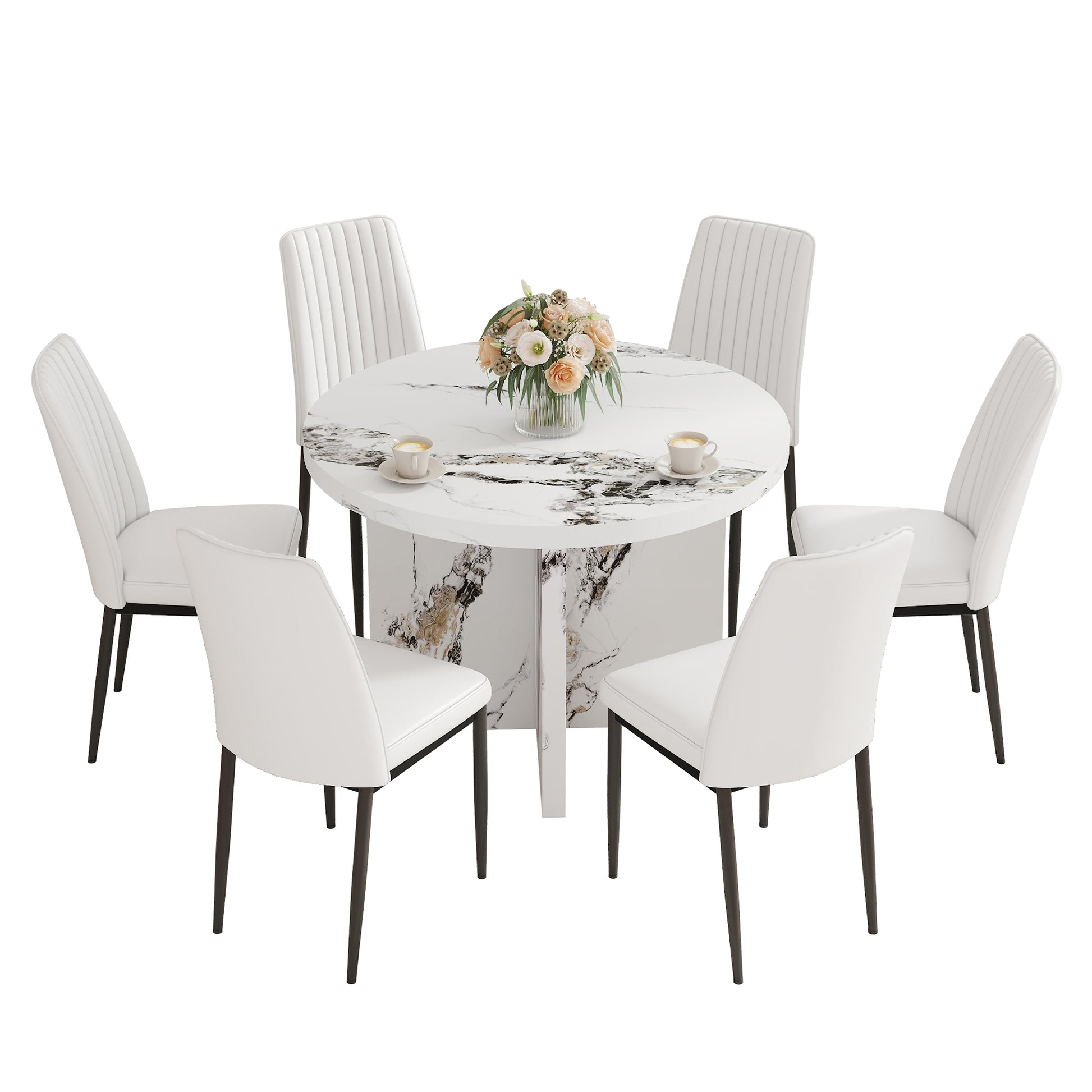 7 Piece Round Dining Table Set, 42 Inch Modern Round Table And 6 Upholstered Chairs For Dining Room, Kitchen Room, Living Room, Easy Assembly Metal White 42 Inches Modern Trestle Round Mdf Mdf