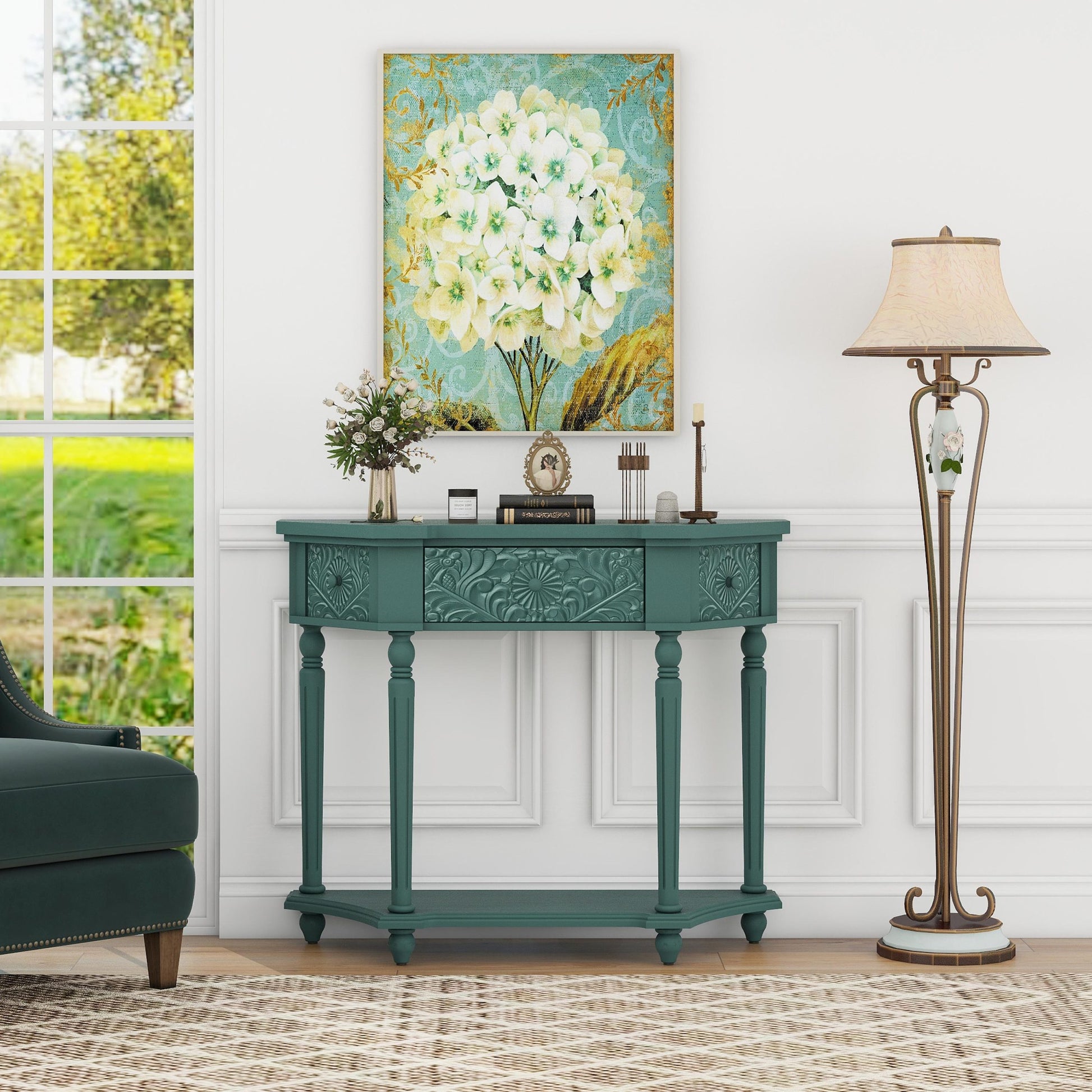 1 Drawer End Table,Side Table,Elegant Carved 1 Drawer End Table For Living Room Bed Room Study Entryway Dark Green American Design Mdf