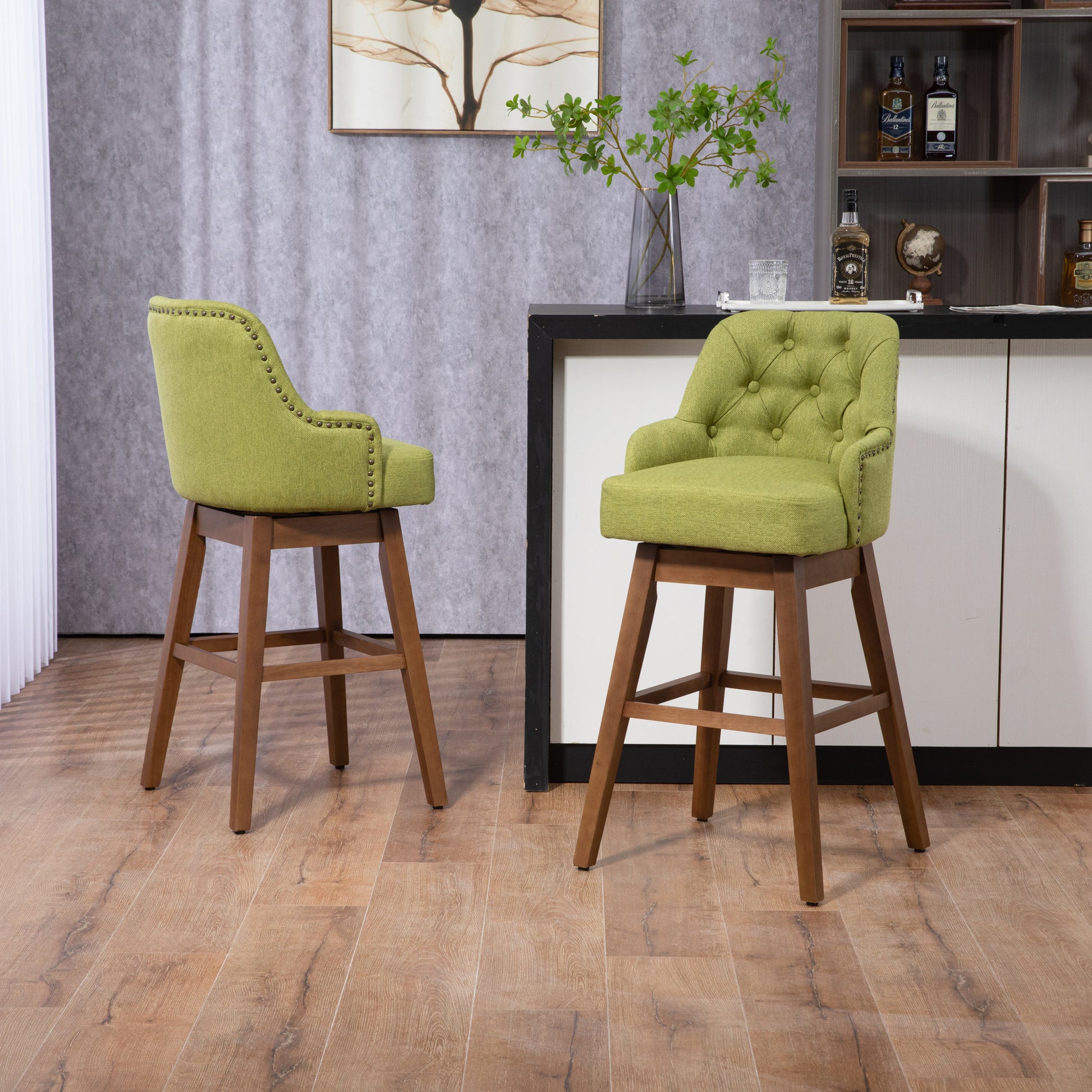 Coolmore Bar Stools Set Of 2 Counter Height Chairs With Footrest For Kitchen, Dining Room And 360 Degree Solid Wood Legs Swivel Bar Stools Set Of 2 Olive Linen Olive Foam Linen