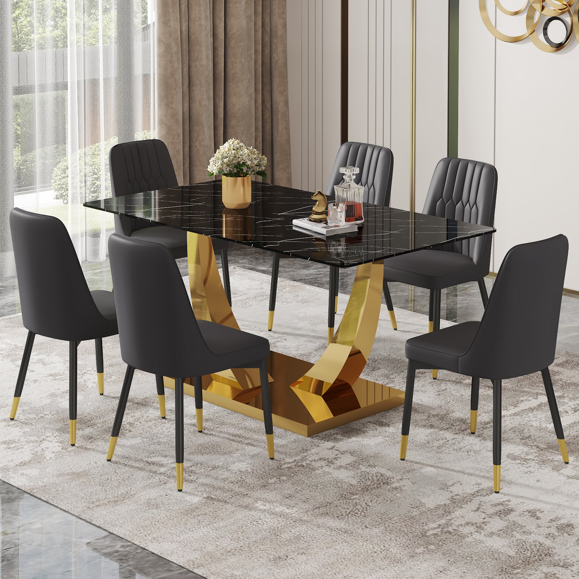 Table And Chair Set.Modern Rectangular Dining Table With Black Textured Stickers Glass Tabletop And Gold Plated Metal Legs.Paried With 6 Comfortable Chairs With Pu Seats And Black Metal Legs. Black Gold Seats 6 Glass Metal