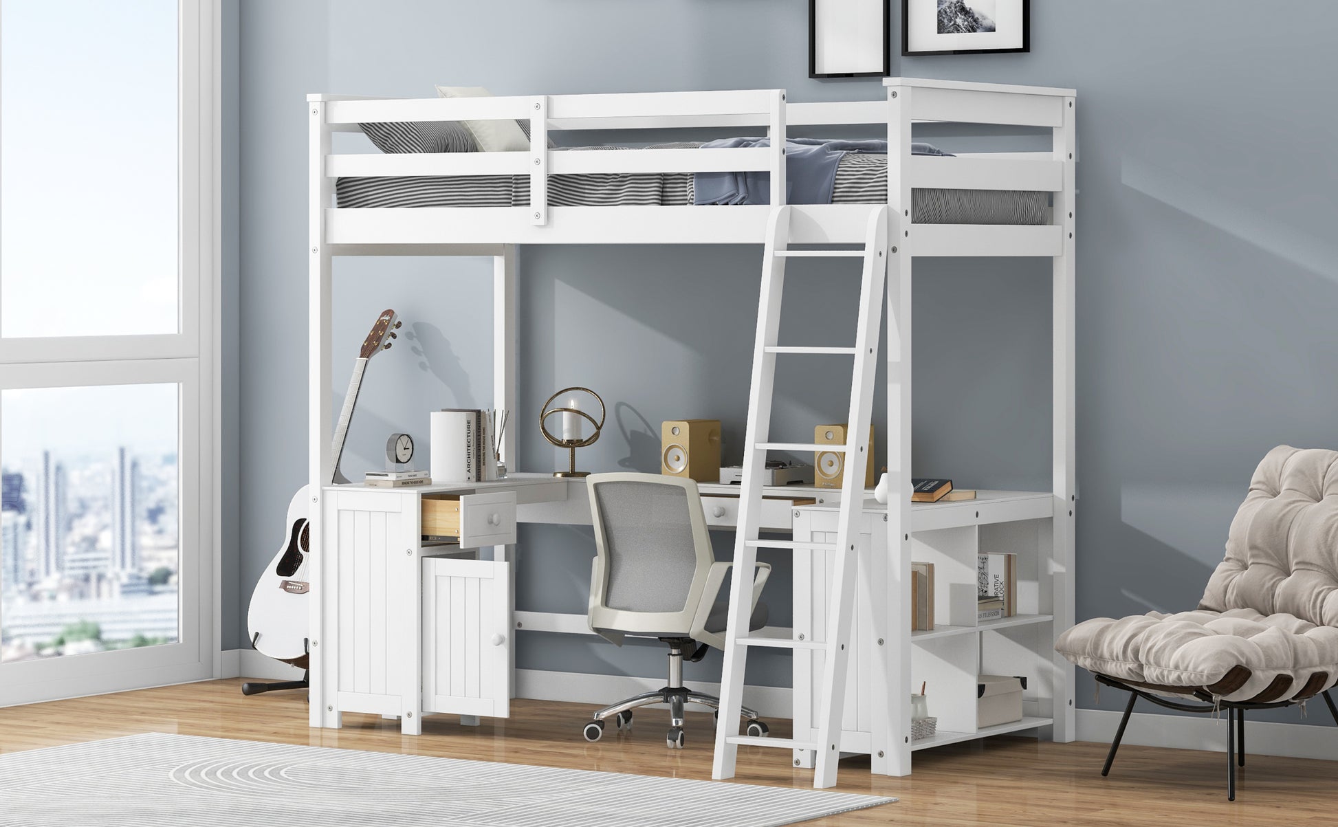 Twin Size Loft Bed With U Shaped Desk, Drawers And Storage Shelves, White Box Spring Not Required Twin White Wood Bedroom Solid Wood Mdf