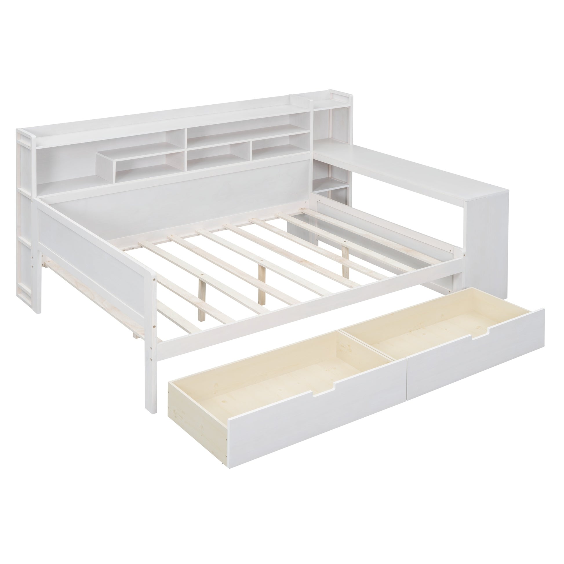 Wooden Full Size Daybed With Storage Shelves, Multi Functional Bed With Two Storage Drawers And Study Desk, Antique White Full Antique White Wood