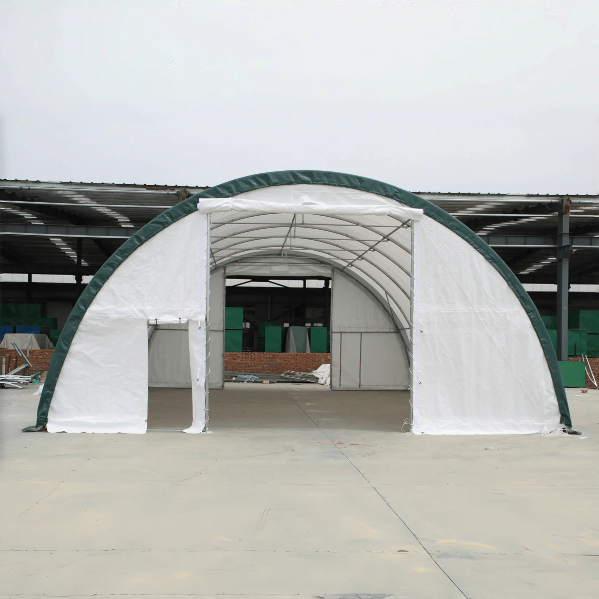 Single Truss Arch Storage Shelter W30'Xl65'Xh15' 11Oz Pe White Green Steel