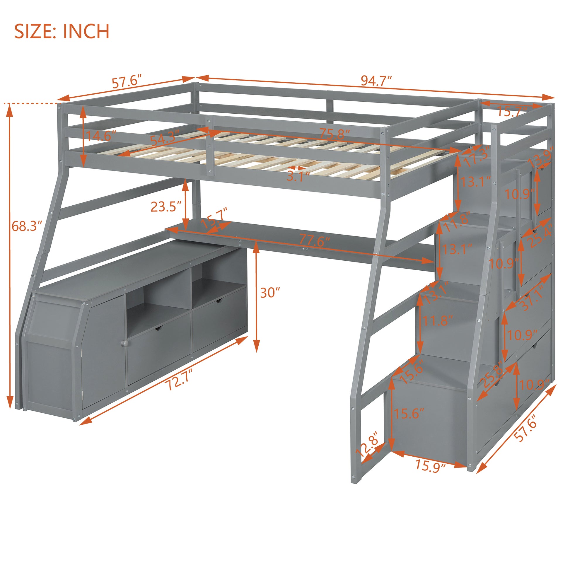 Full Size Loft Bed With 7 Drawers 2 Shelves And Desk Gray Full Gray Plywood