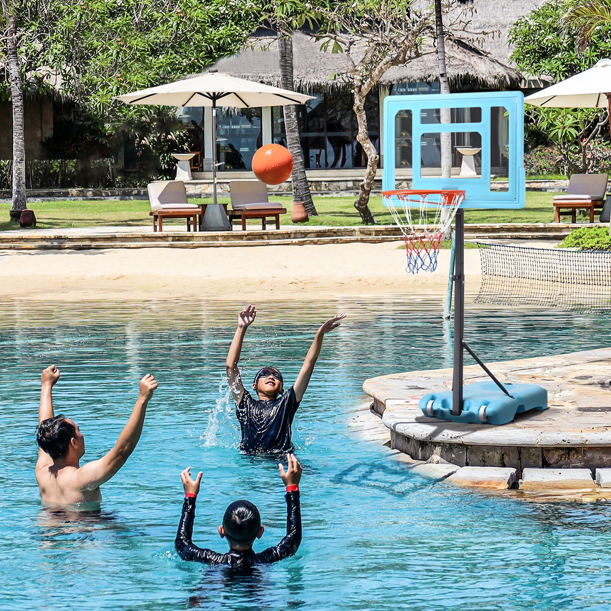 Soozier Poolside Basketball Hoop Stand, 36.5" 48.5" Height Adjustable Portable Hoop System W Clear Backboard & Fillable Base For Whole Family, Blue, Black, Red Multi Steel