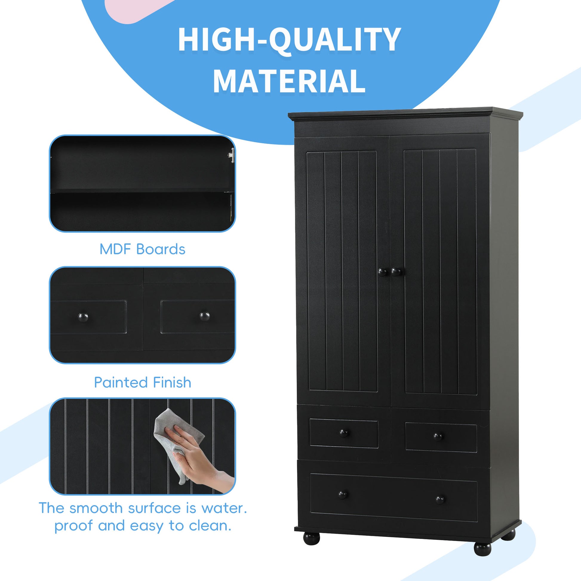 Tall Storage Cabinet With Three Drawers For Bathroom Office, Black Black Mdf