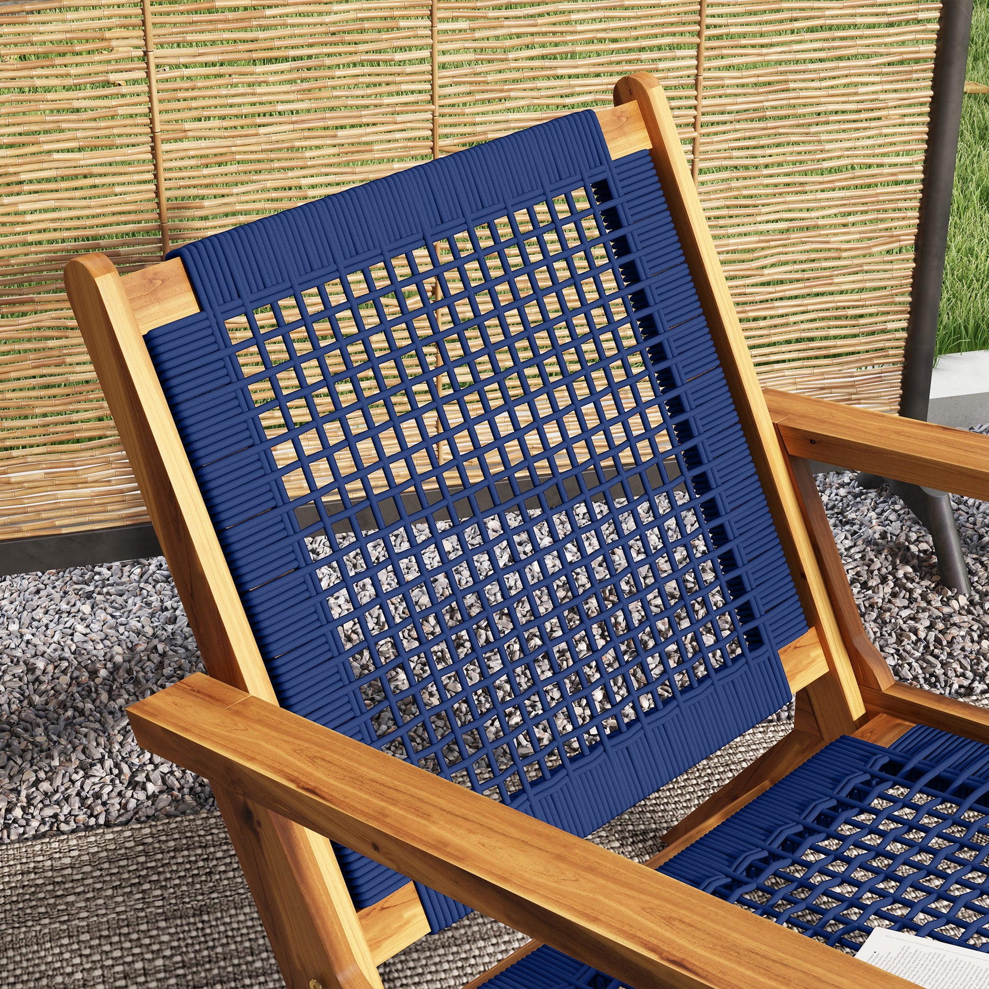 Outsunny Patio Acacia Wood Adirondack Chair, Modern Wood Fire Pit Chair With Pp Rope Weave, Coconino Lounge Chair With High Backrest Support, Dark Blue Blue Wood