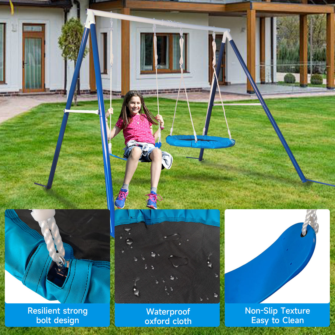 Kids Metal Swing Set For Backyard Outdoor Playground Two Functional Swing Set For Kids Outdoor Equipment Antique Blue 200 Lbs & Over Modern 5 To 8 Years Metal Outdoor