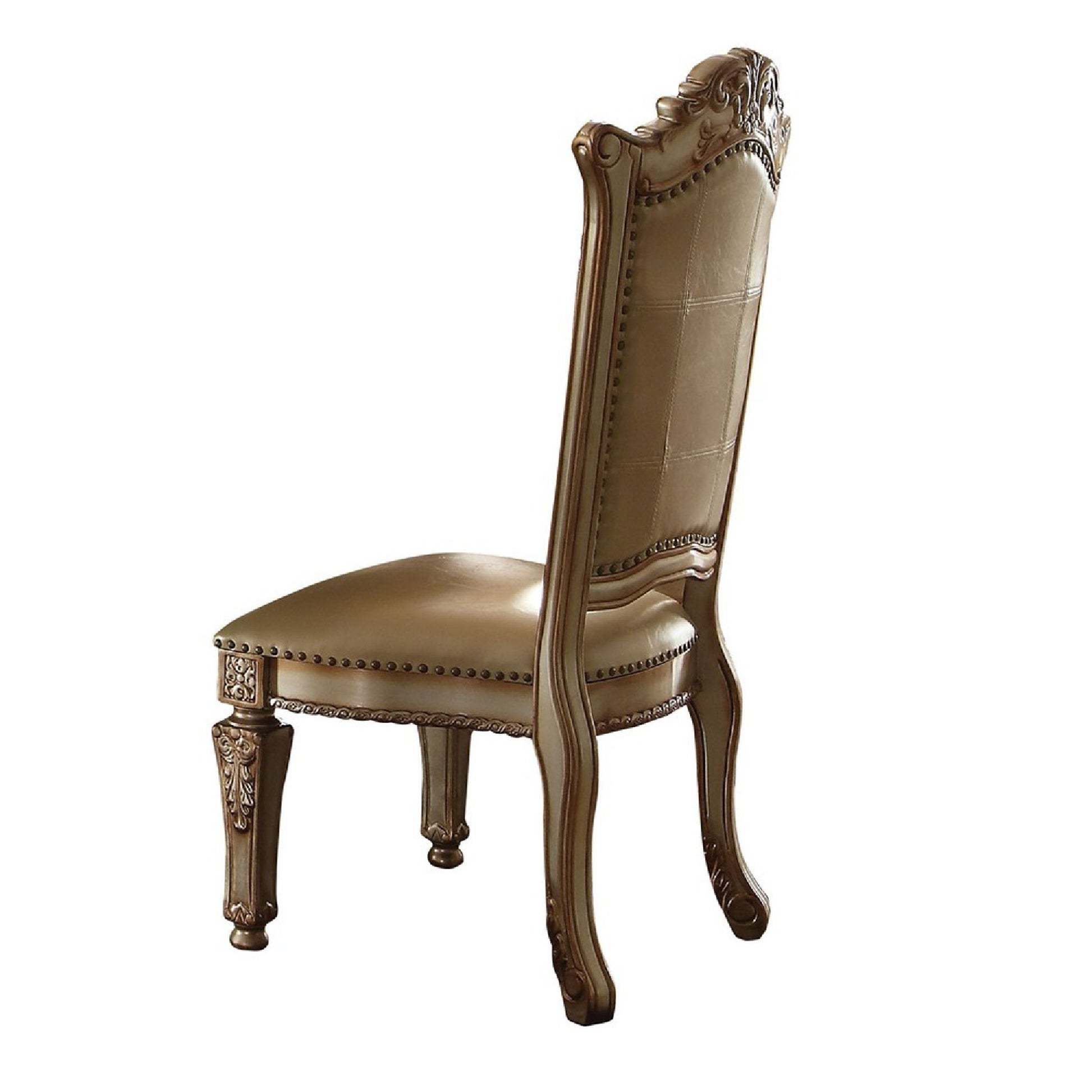 27 Inch Wood Dining Side Chair, Faux Leather, Set Of 2, Gold Gold Wood Fabric