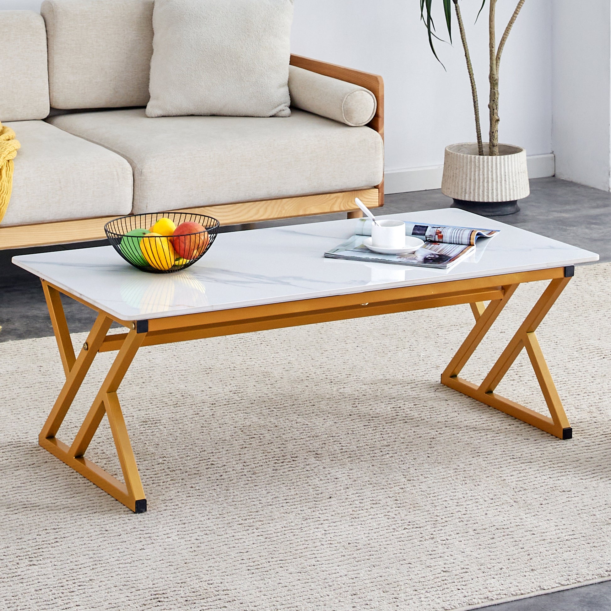 0.4Inch Thick White Marble Patterned Rock Table, Easy To Clean, Paired With Golden Metal Legs, Sturdy And Durable. Large Size Can Meet Various Needs.Can Be Used As A Dining Table, Coffee Table.47*23.6 White Sintered Stone