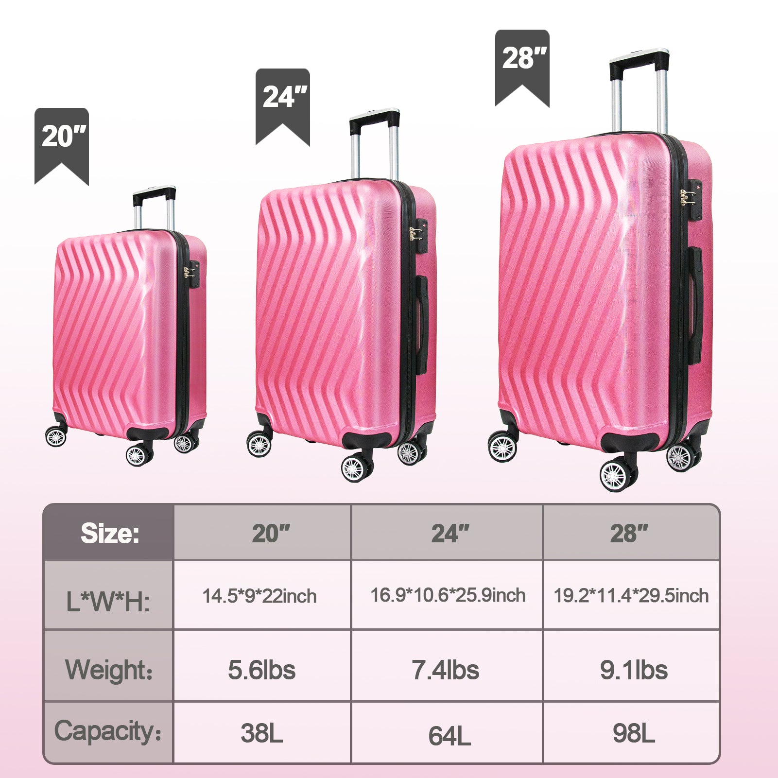 Hardside Lightweight Luggage Featuring 4 Spinning Wheel Robust Abs And Secure Tsa Lock Luggage Set 3 Pieces 20 24 28 Inches Women And Men Pink Abs