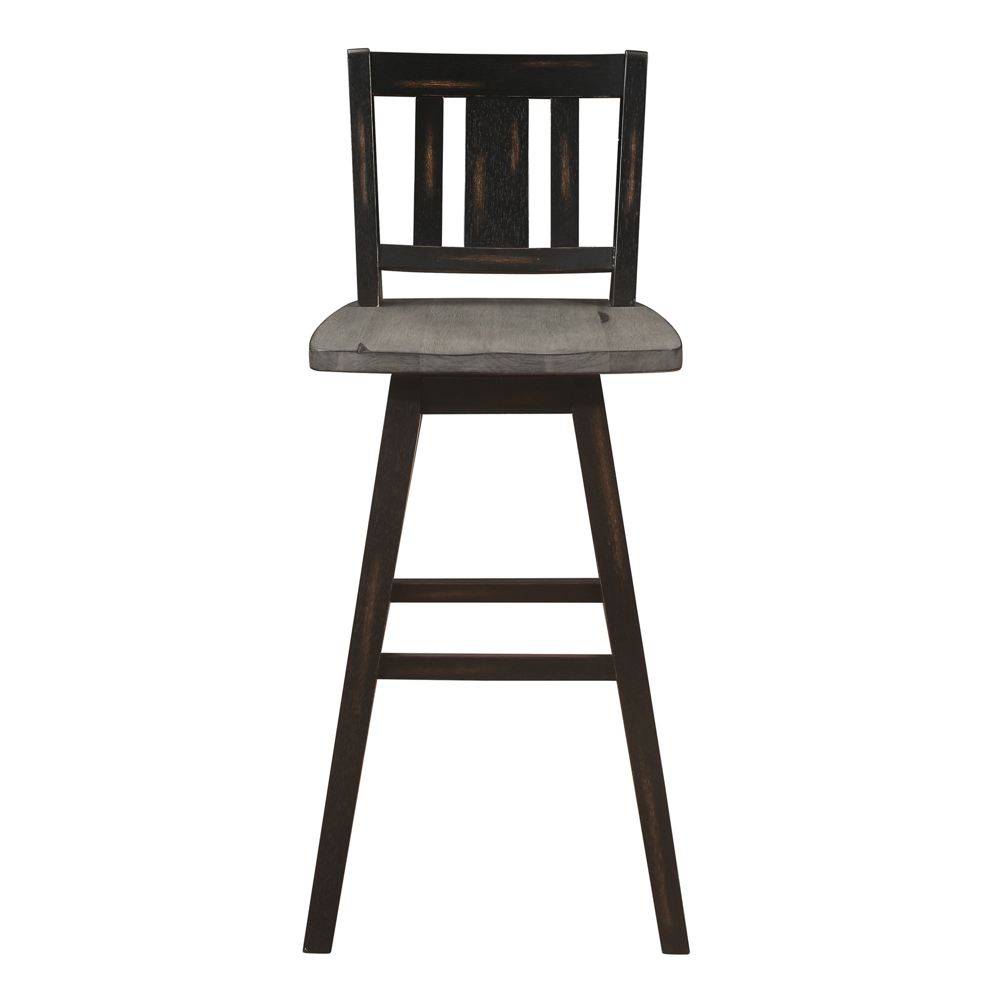 Pub Height Chairs Set Of 2, Distressed Gray And Black 360 Degree Swivel Chair Solid Rubberwood Furniture, Vertical Slat Back Bar Chairs Black Gray Dining Room Rustic Slat Back Solid Wood