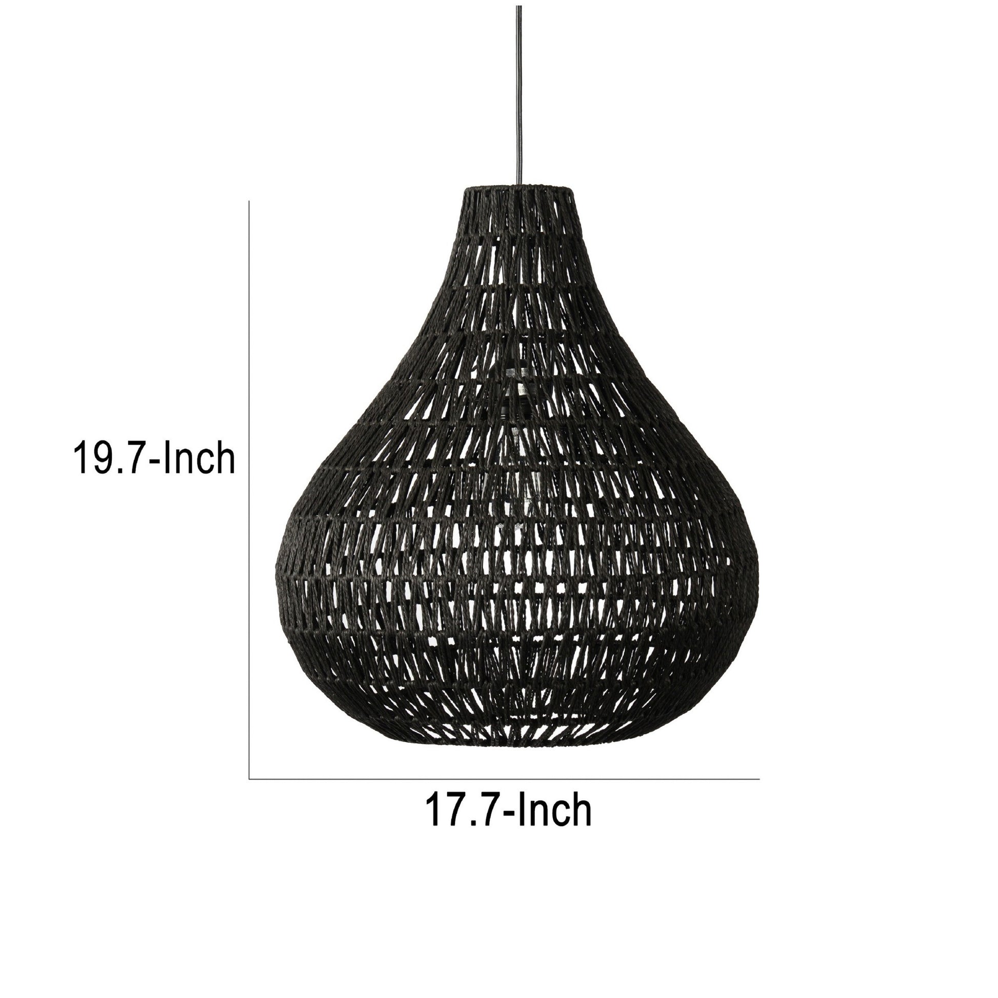 Boney 18 Inch Pendant Light, Woven Rope, Rounded Shape, Iron, Black Black Iron