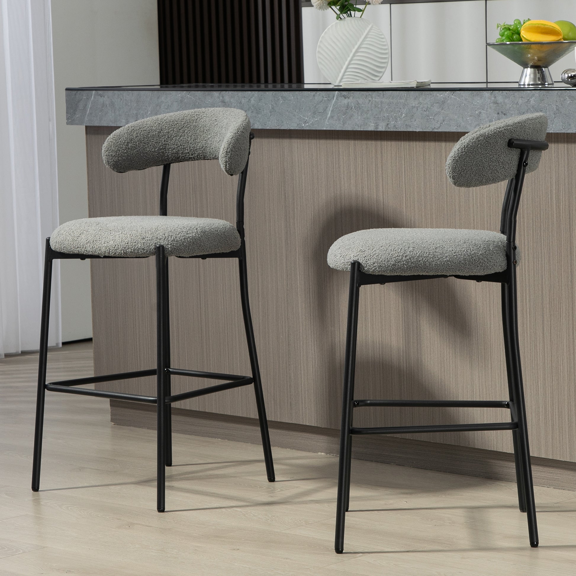 26'' Counter Height Bar Stools Teddy Fabric Cover Kitchen Island Counter Bar Stool With Black Powder Coating Base And Footrest Grey Cushion Metal Grey Kitchen Foam Modern Bar Stools Open Back 1 Foam Teddy