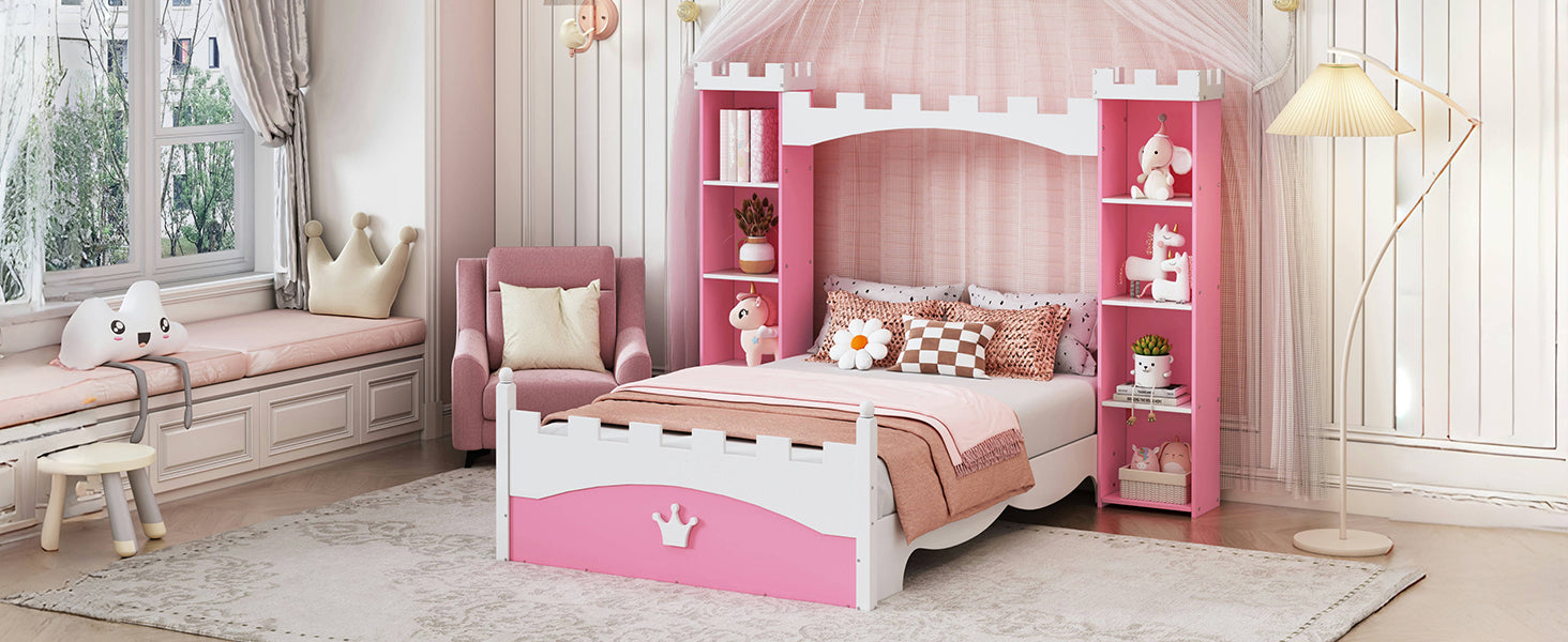 Castle Shaped Wooden Bed With Storage Shelf, Dreamy Twin Size Platform Bed For Kids Bedroom, Pink White Expected Arrival Time:8.14 Twin Pink White Wood