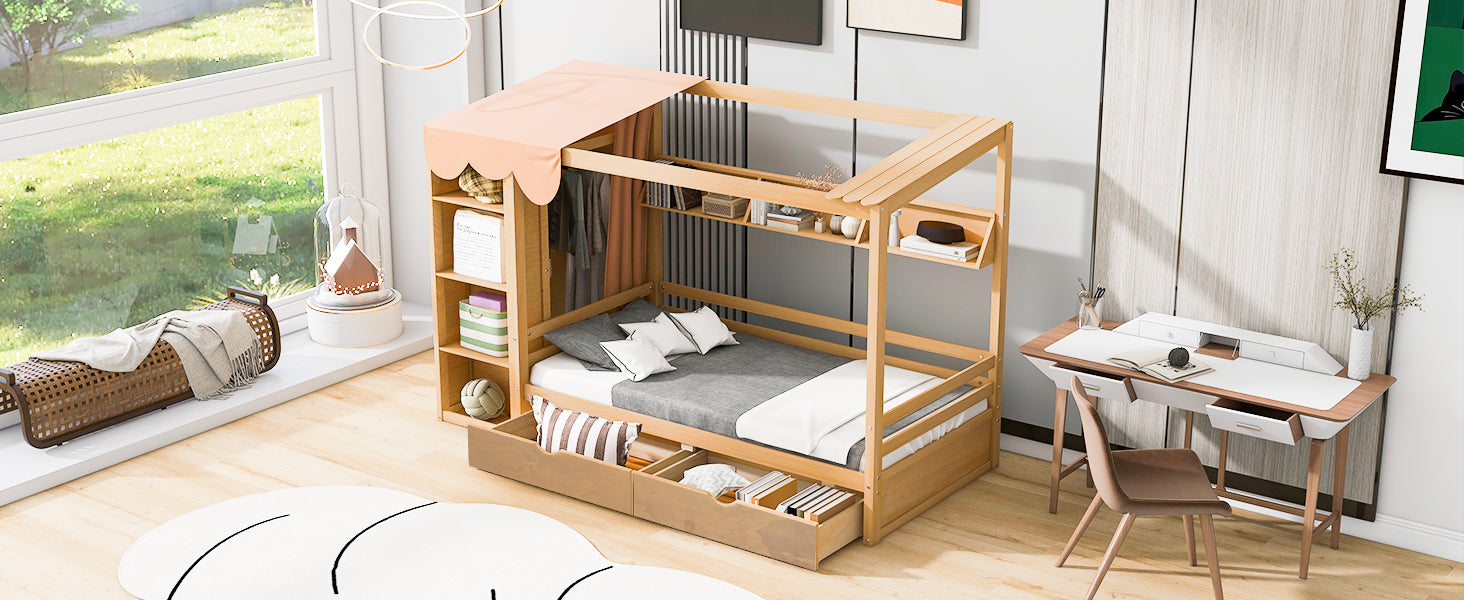 Twin Size House Bed With Two Drawers And Wardrobe,Natural Twin Natural Solid Wood