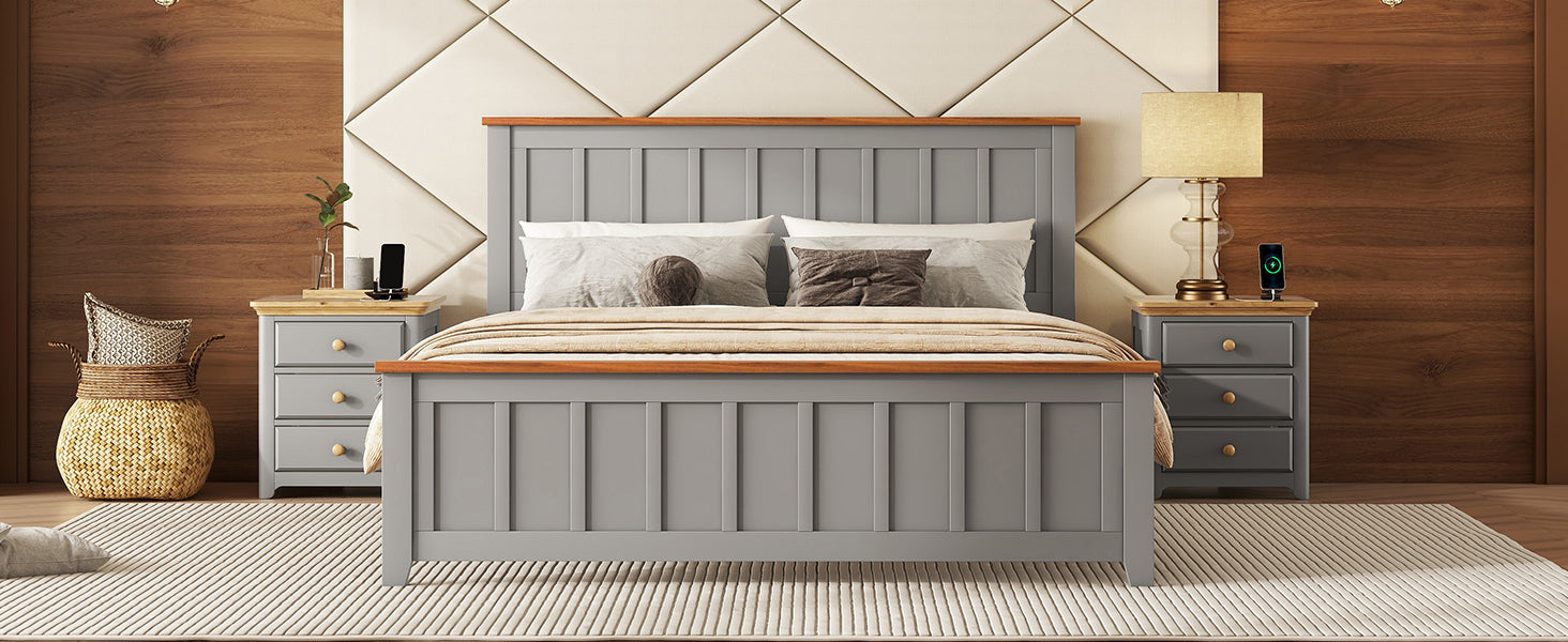 Queen Size Wood Platform Bed Wooden Slat Support, Vintage Simple Bed Frame With Rectangular Headboard And Footboard, Grey Box Spring Not Required Queen Grey Wood