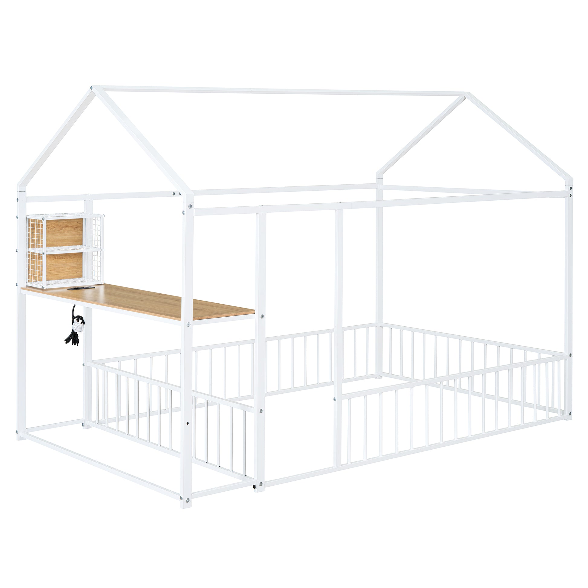 Full Size Metal Bed House Bed Frame With Desk, Shelves, Power Outlets And Usb Ports, White Full White Metal